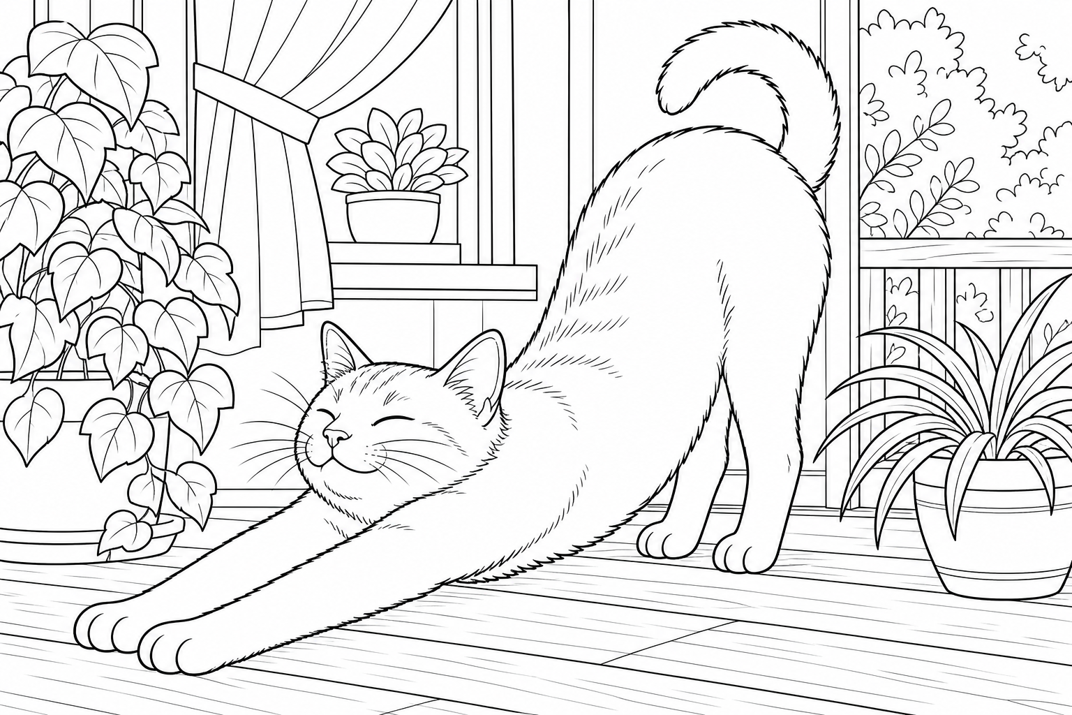 Morning Stretch Cat Coloring Page - May 2026 Edition