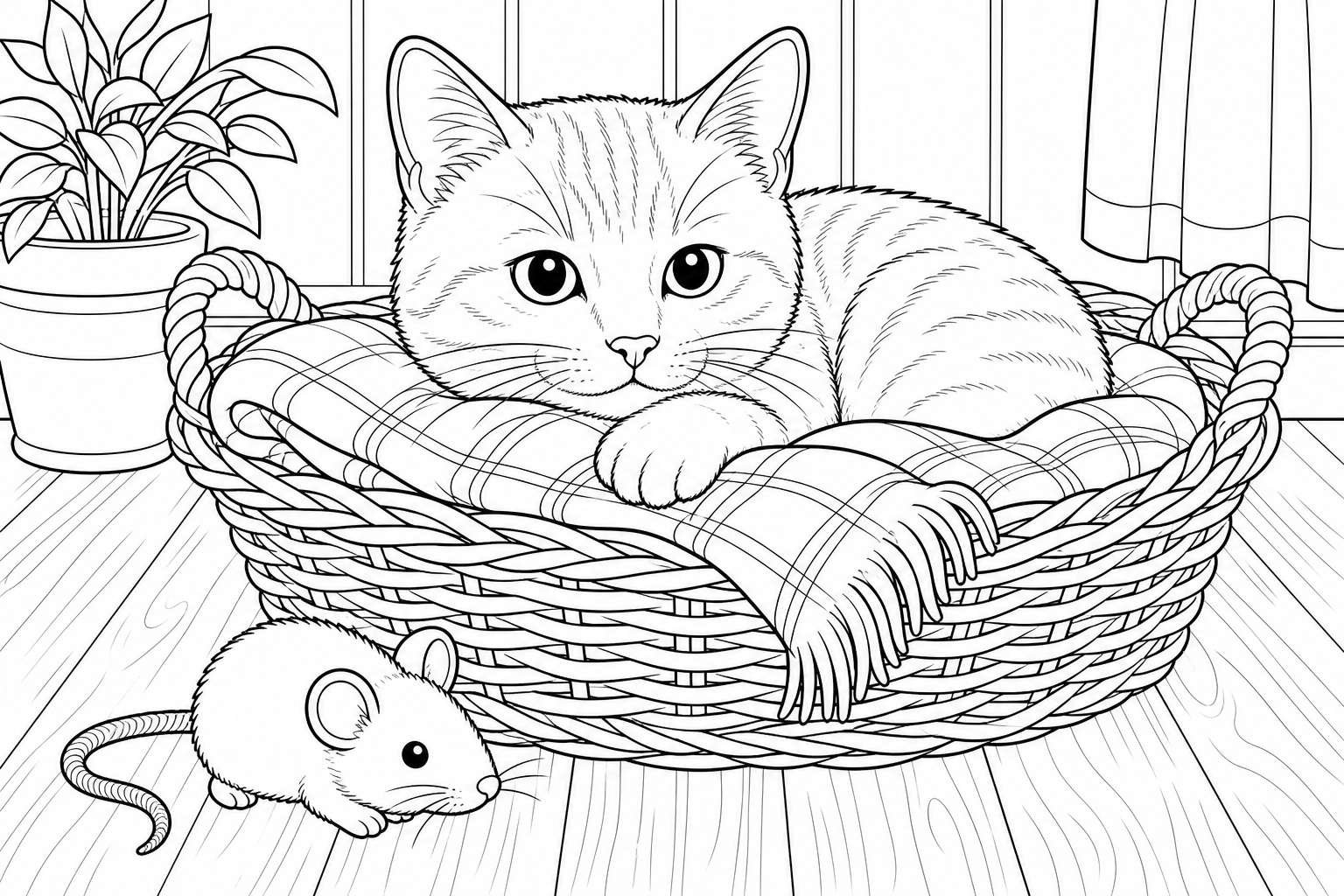 Coloring Page of Cat in Cozy Basket with Toy Mouse