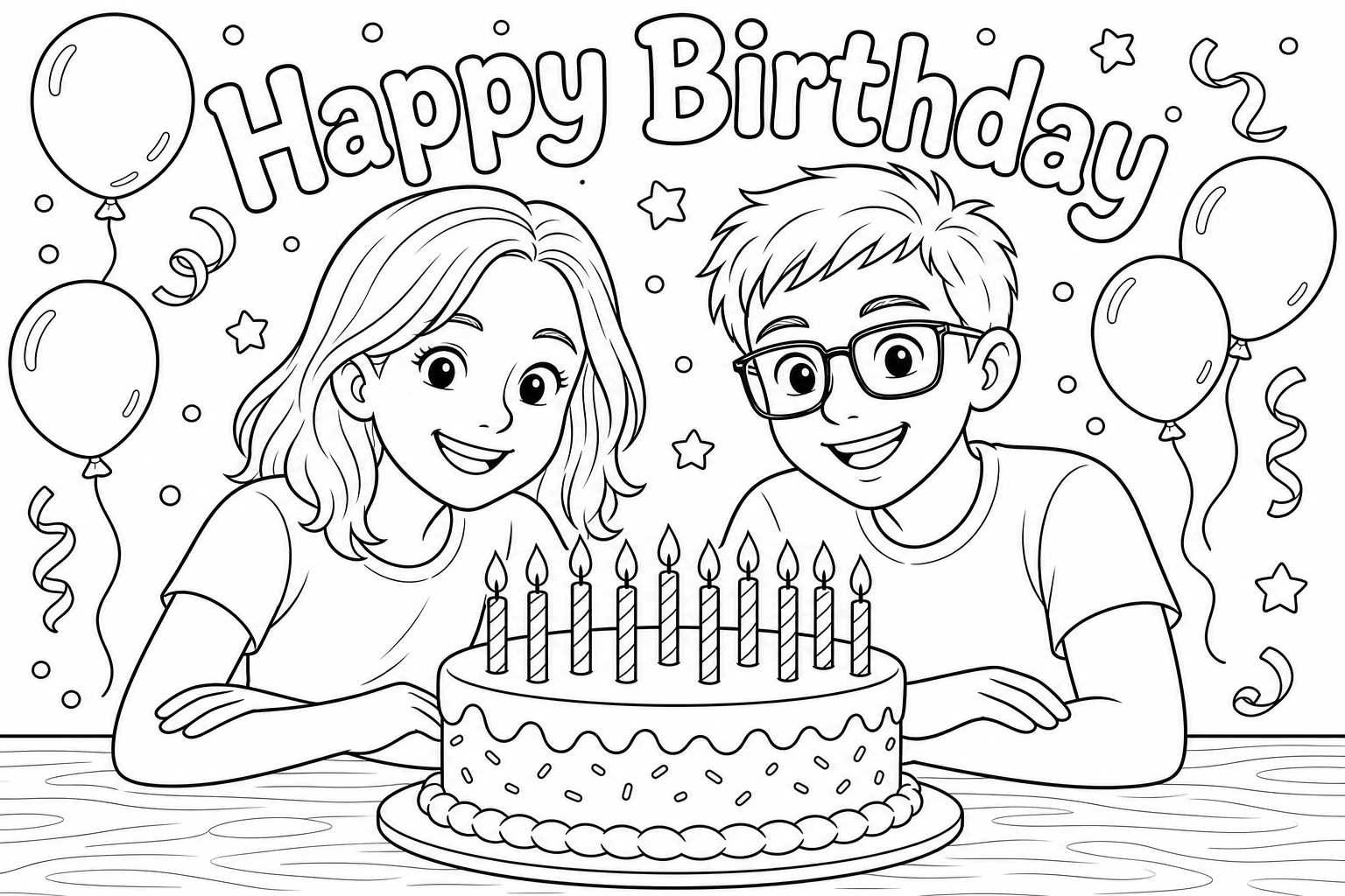My sister (shoulder-length hair) and I (am a boy, short hair and glasses) are sitting at a table where a cake is standing. The cake has 11 candles. Happy Birthday should be written above the picture.