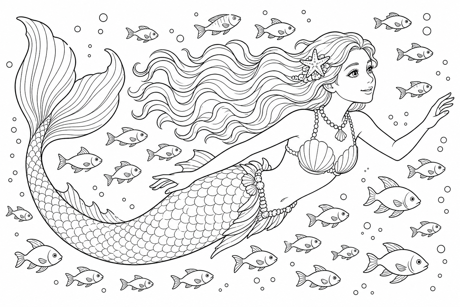 Une sirène nageant en plein mouvement à travers l'eau libre, la queue étendue derrière elle, les cheveux flottant en arrière, entourée d'un banc de petits poissons