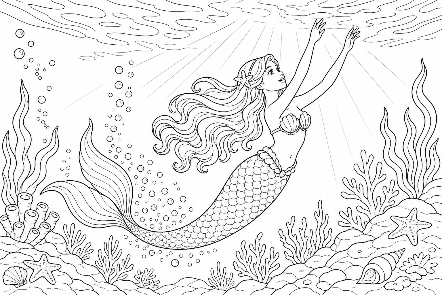 A mermaid swimming upward toward the surface with arms raised, a trail of bubbles behind her tail