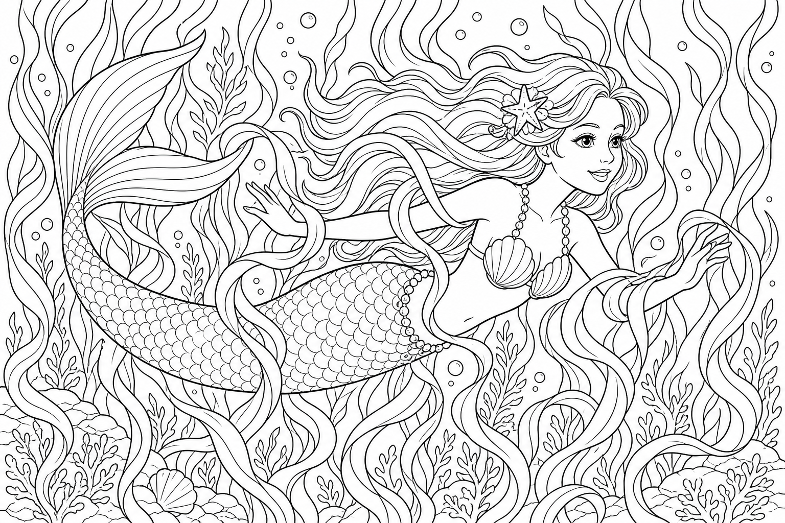 Una sirena deslizándose a través de un bosque de algas marinas, cintas de hierba marina rizándose alrededor de su cola y brazos
