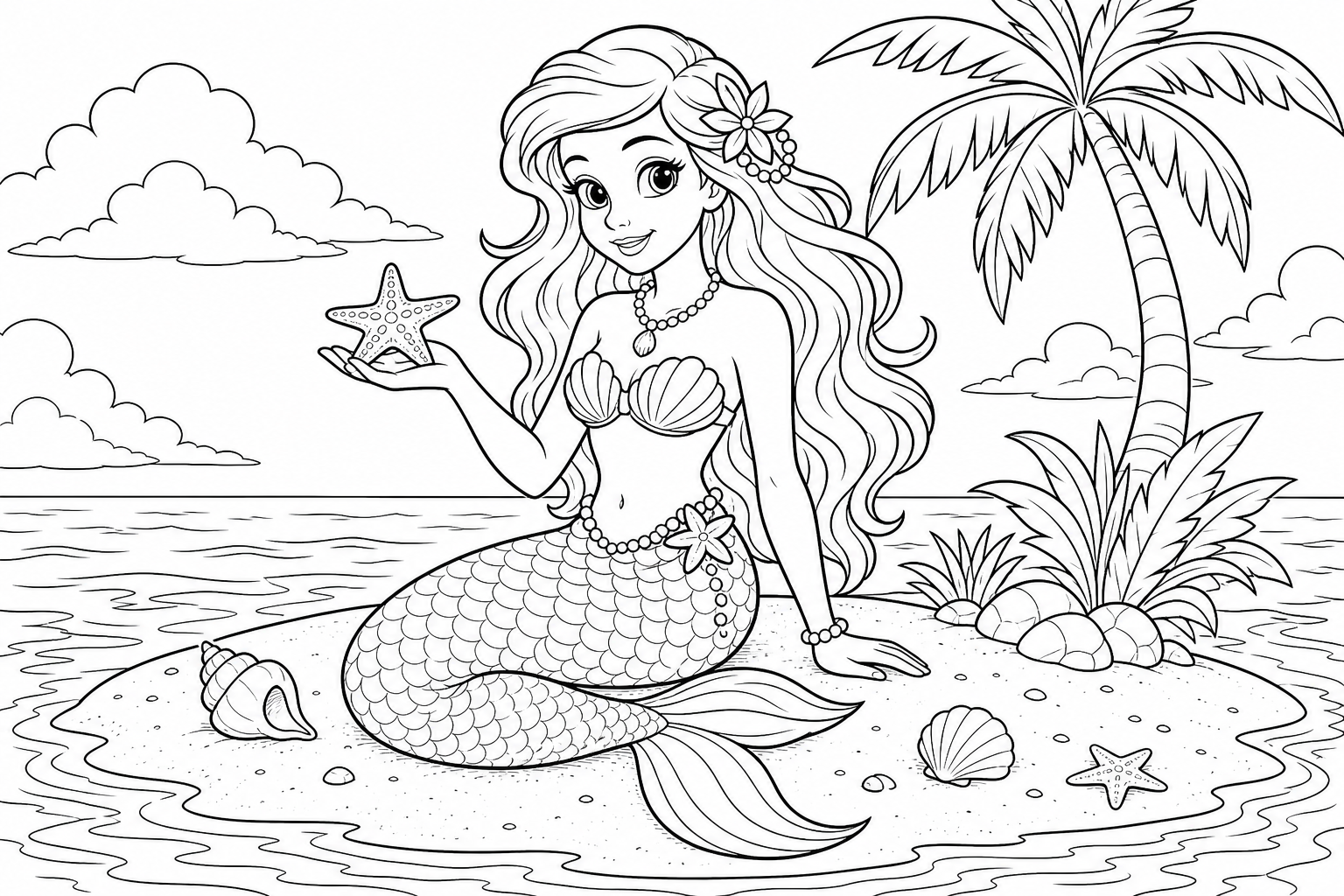 A mermaid sitting on a small sandbar with her tail tucked under her, holding a starfish in her open palm