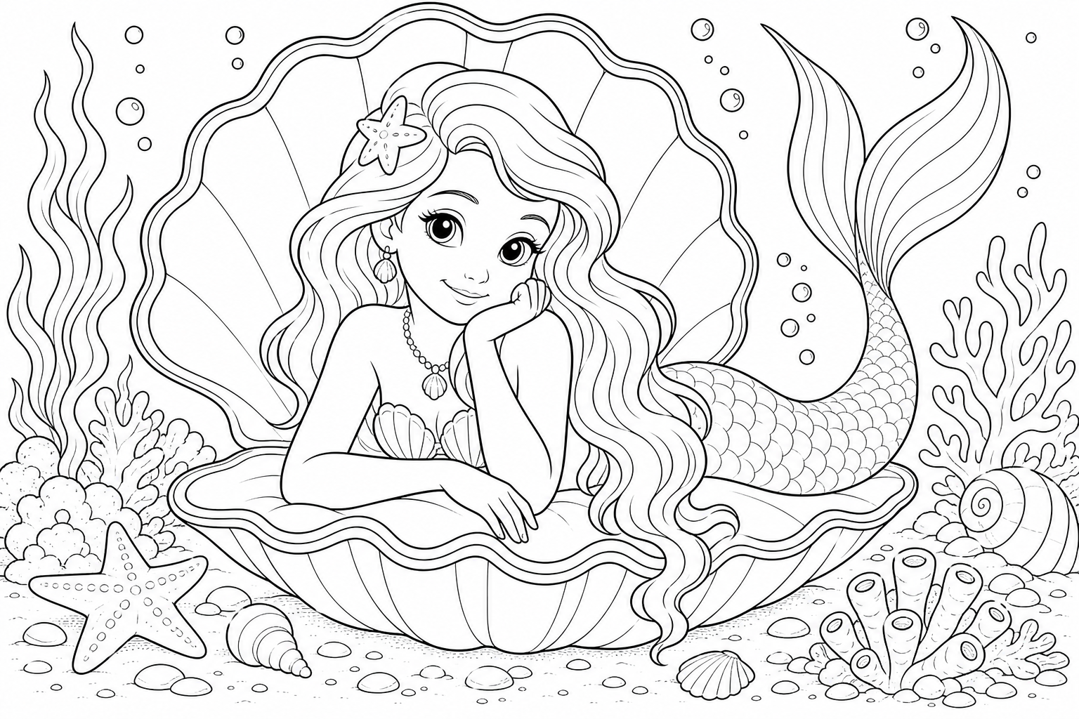 A young mermaid resting her chin on her hand while leaning on a large open clam shell, hair falling over one shoulder