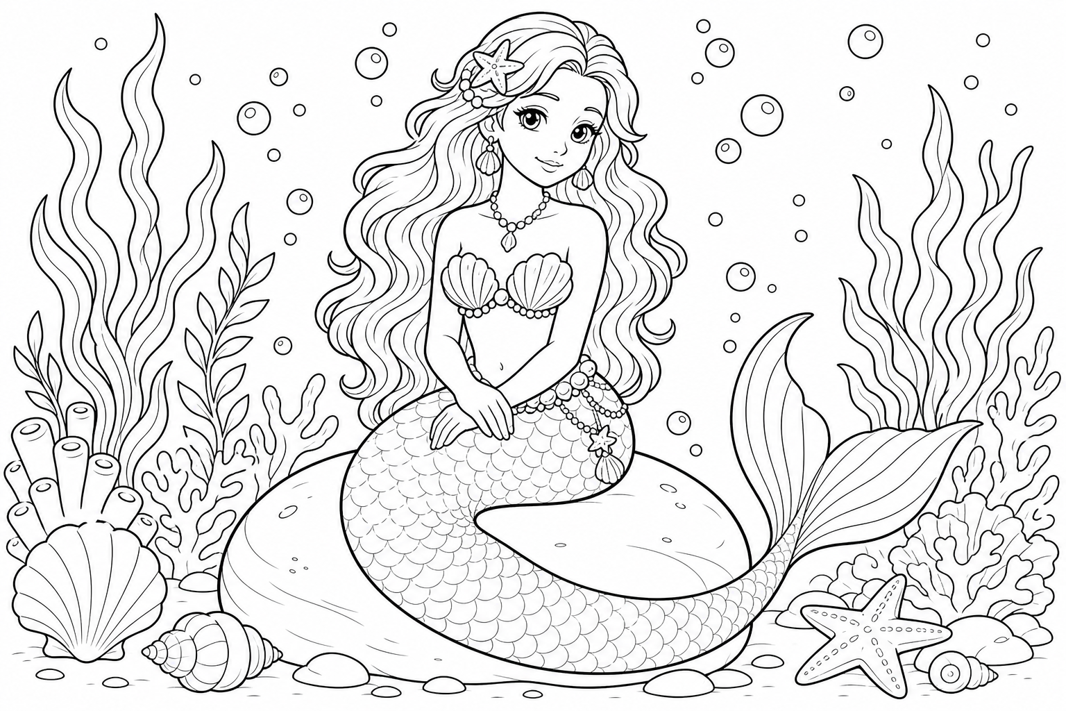 A mermaid sitting on a smooth round rock, her tail curled to one side, hands folded in her lap, calm expression, gentle bubbles around her