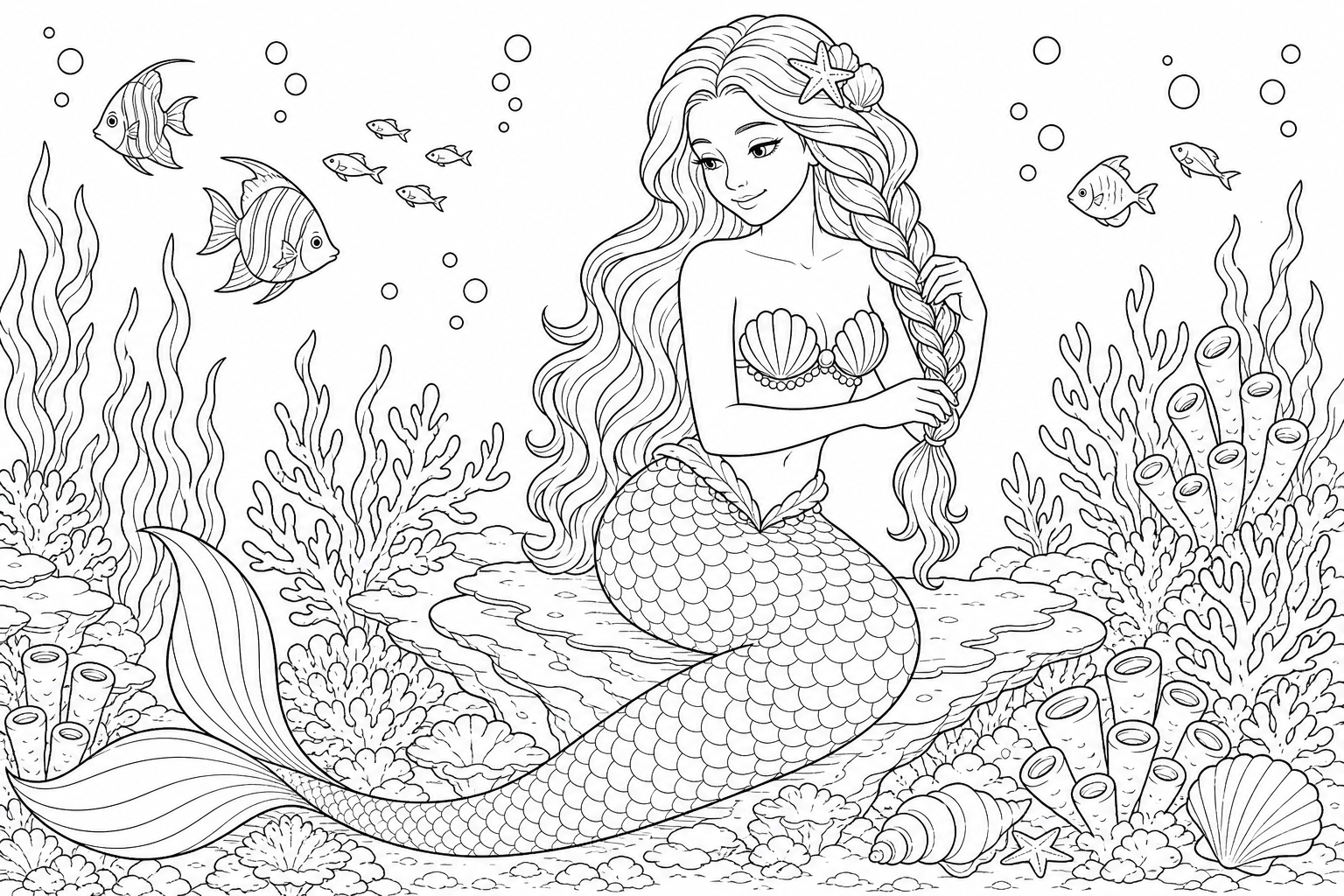 A mermaid braiding her long hair while sitting on a coral ledge, one hand holding the end of the braid