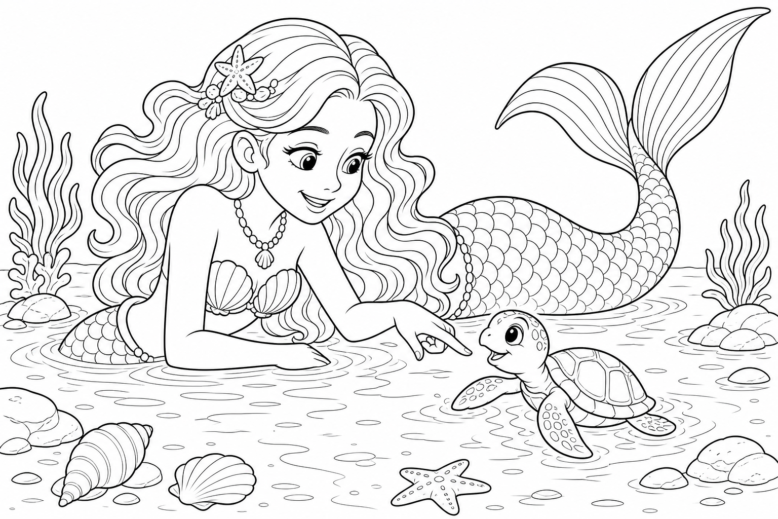 A mermaid playing with a small sea turtle in shallow water, her tail mid kick, a few simple ripples around them