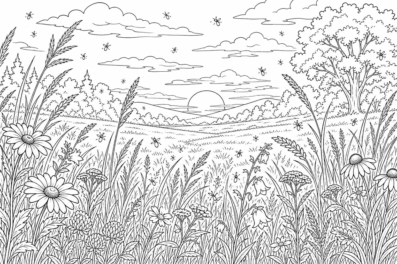 A wide summer meadow at dusk with tall grasses, wildflowers, and many small fireflies floating above