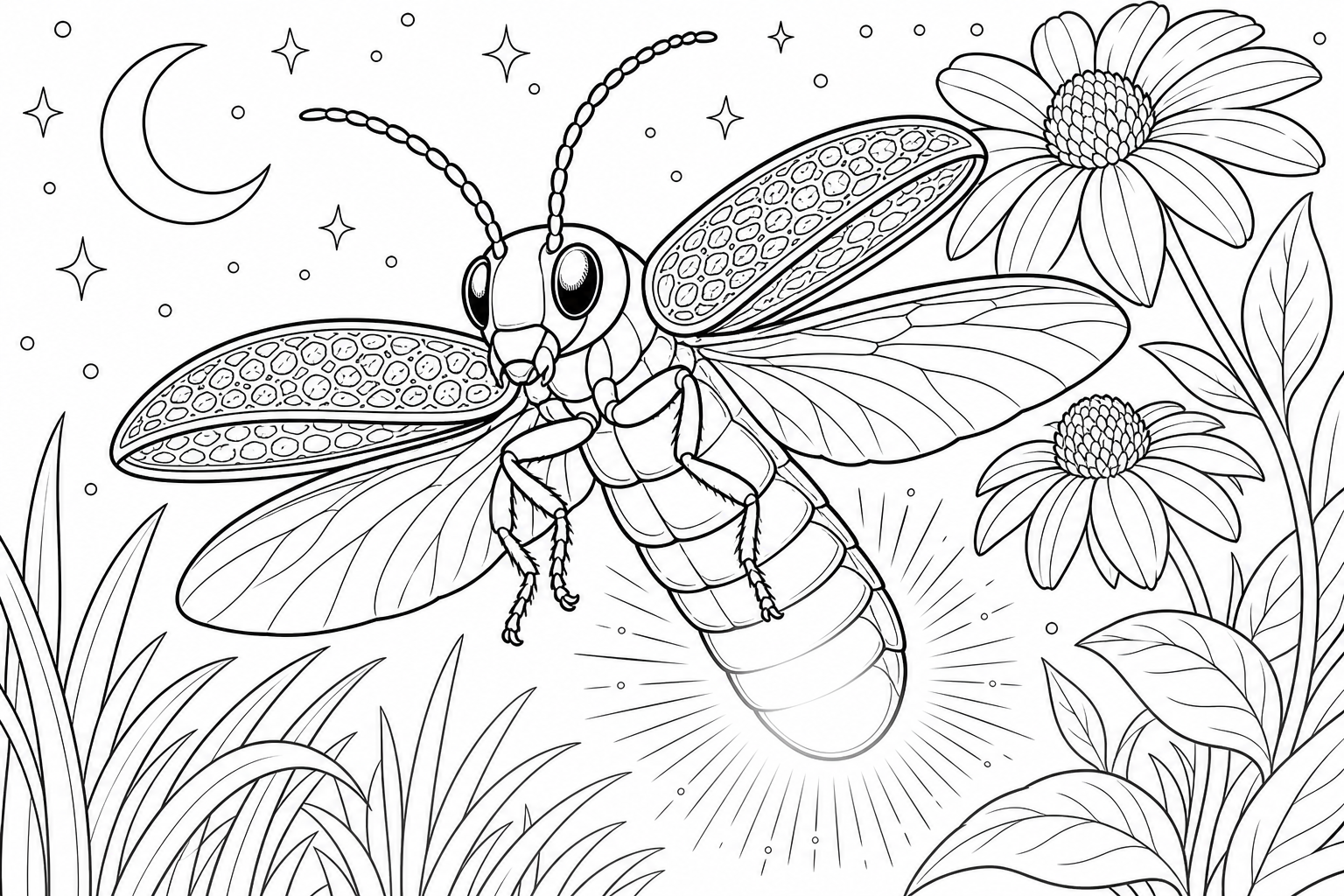 A close-up firefly in flight with patterned wings and a glowing abdomen