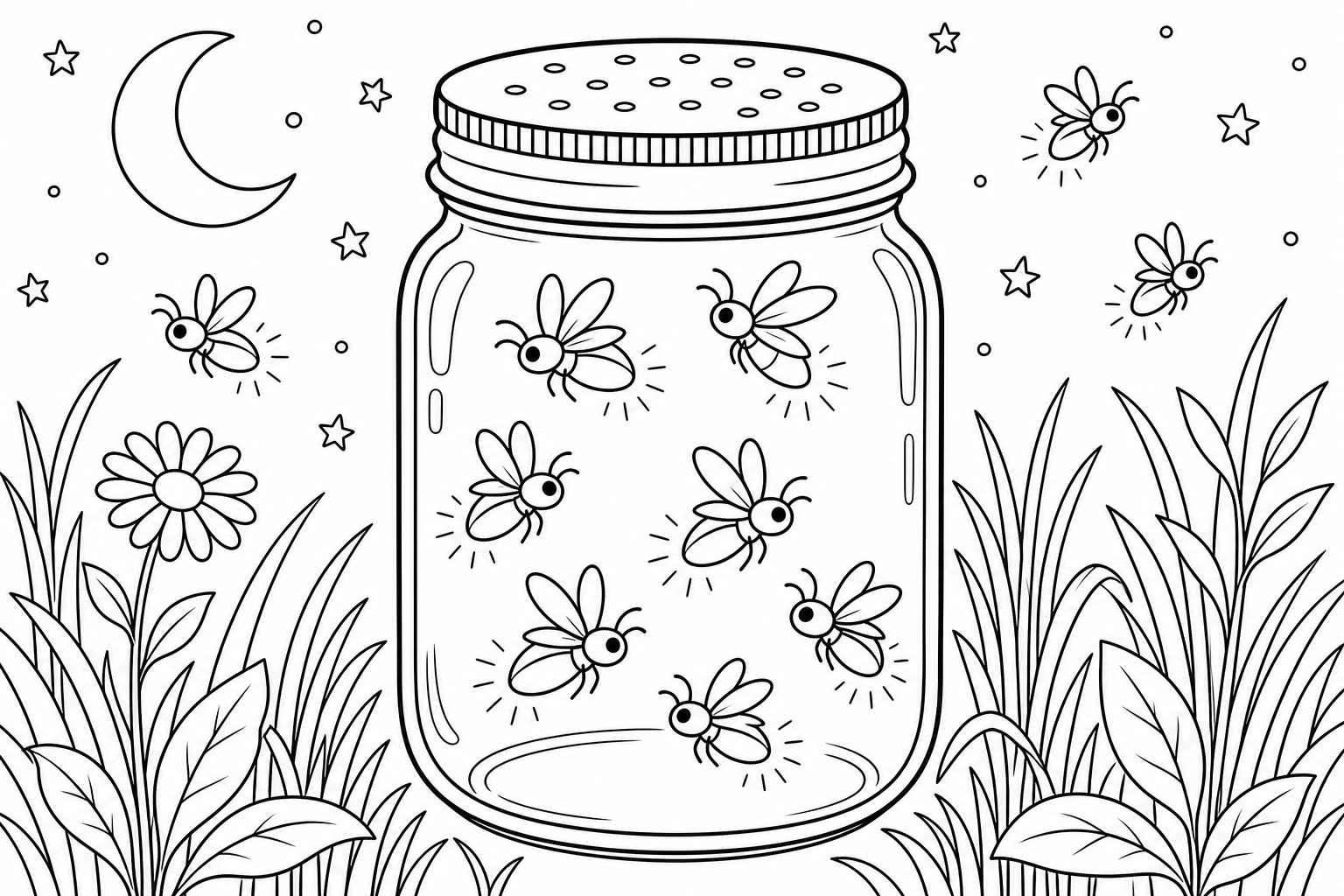 A glass mason jar filled with several glowing fireflies, a lid with small air holes, bold simple outlines