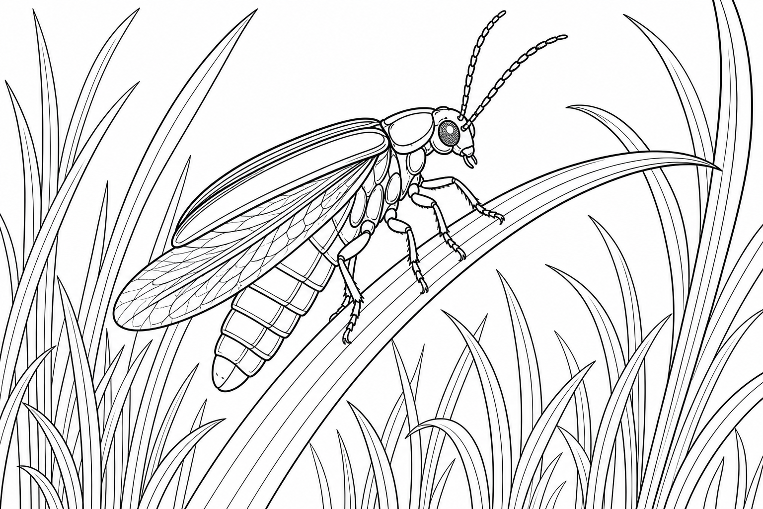 A single large firefly with detailed wings perched on a tall blade of grass