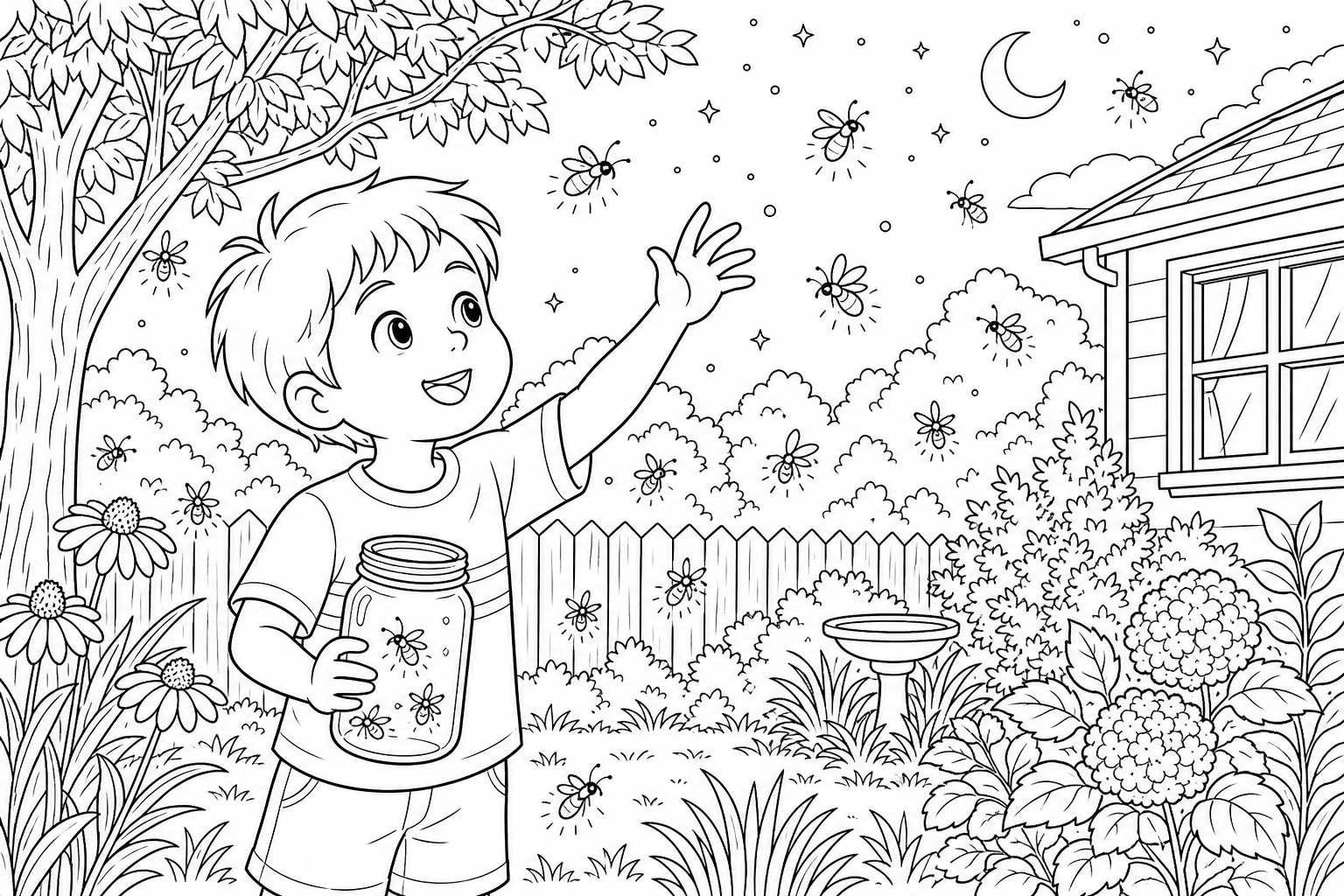 A child holding an open jar and reaching toward fireflies in a backyard at night