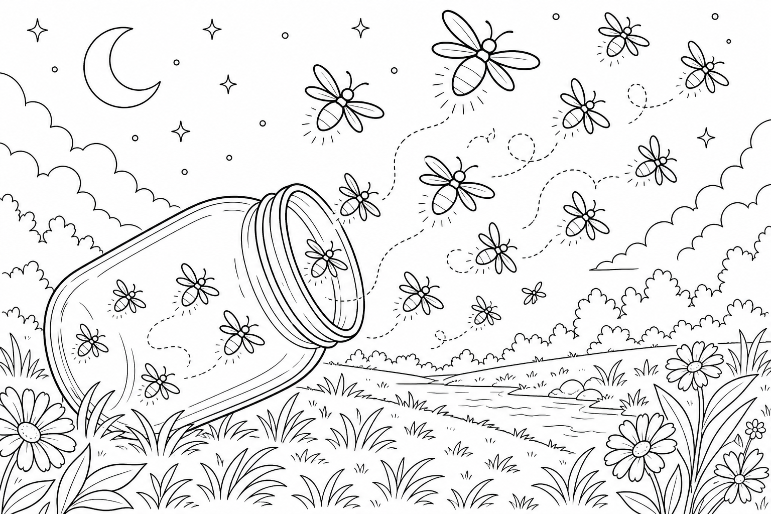 Page de coloriage - Lucioles s'échappant d'un pot renversé
