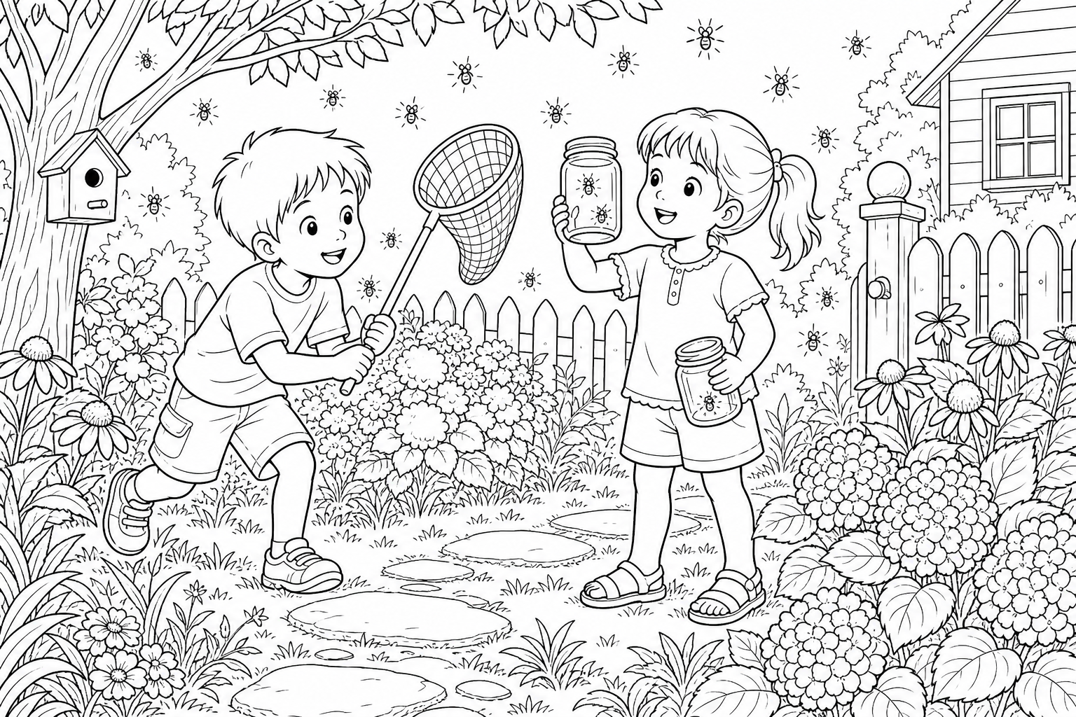 Coloring Page: Two Children Catching Fireflies in a Garden