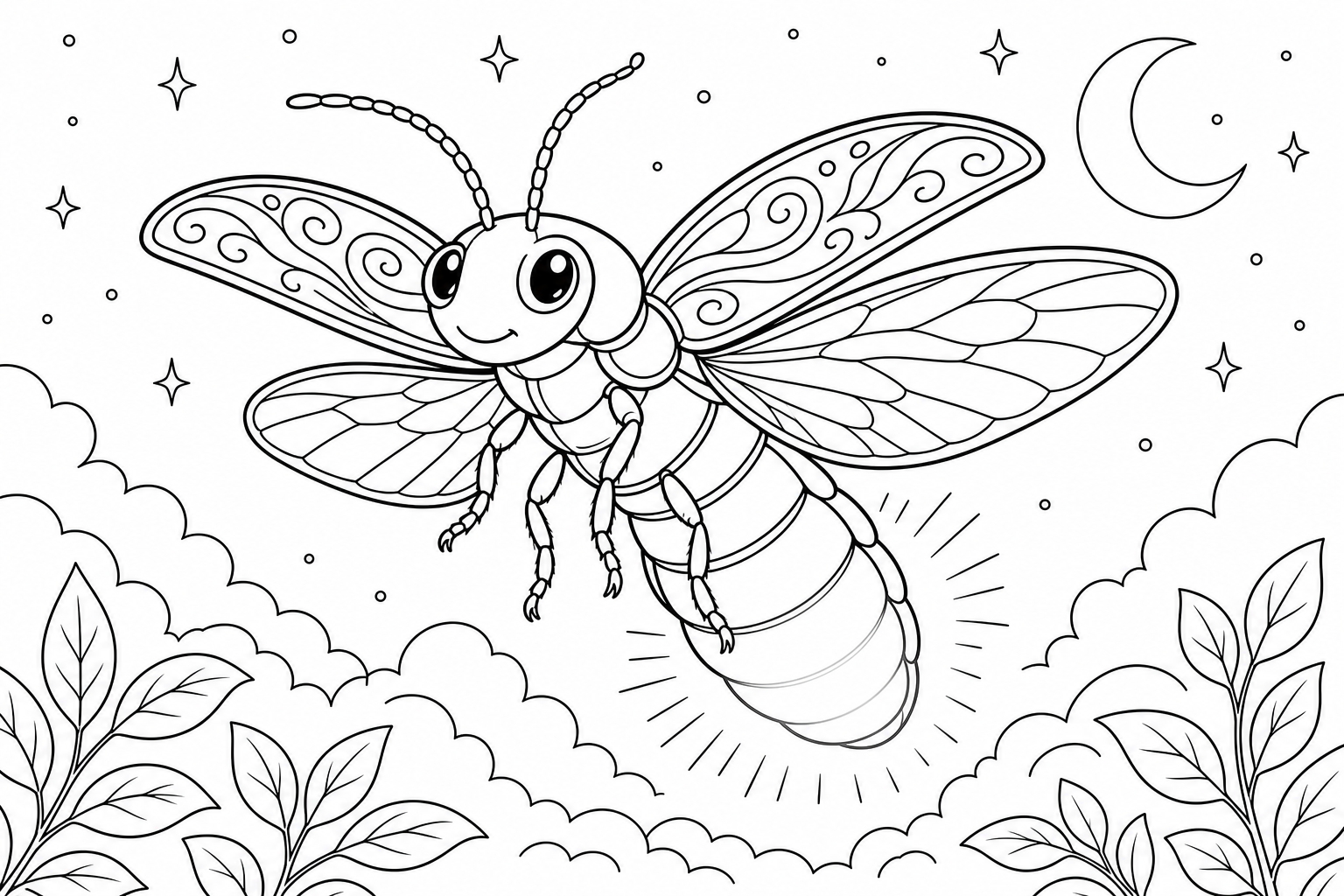 Page de Coloriage Luciole en Vol: Ailes Motif & Abdomen Lumineux