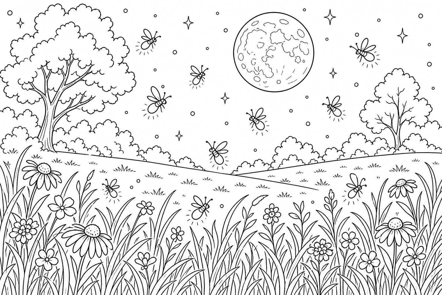Coloring Page: Grassy Meadow with Fireflies under Full Moon