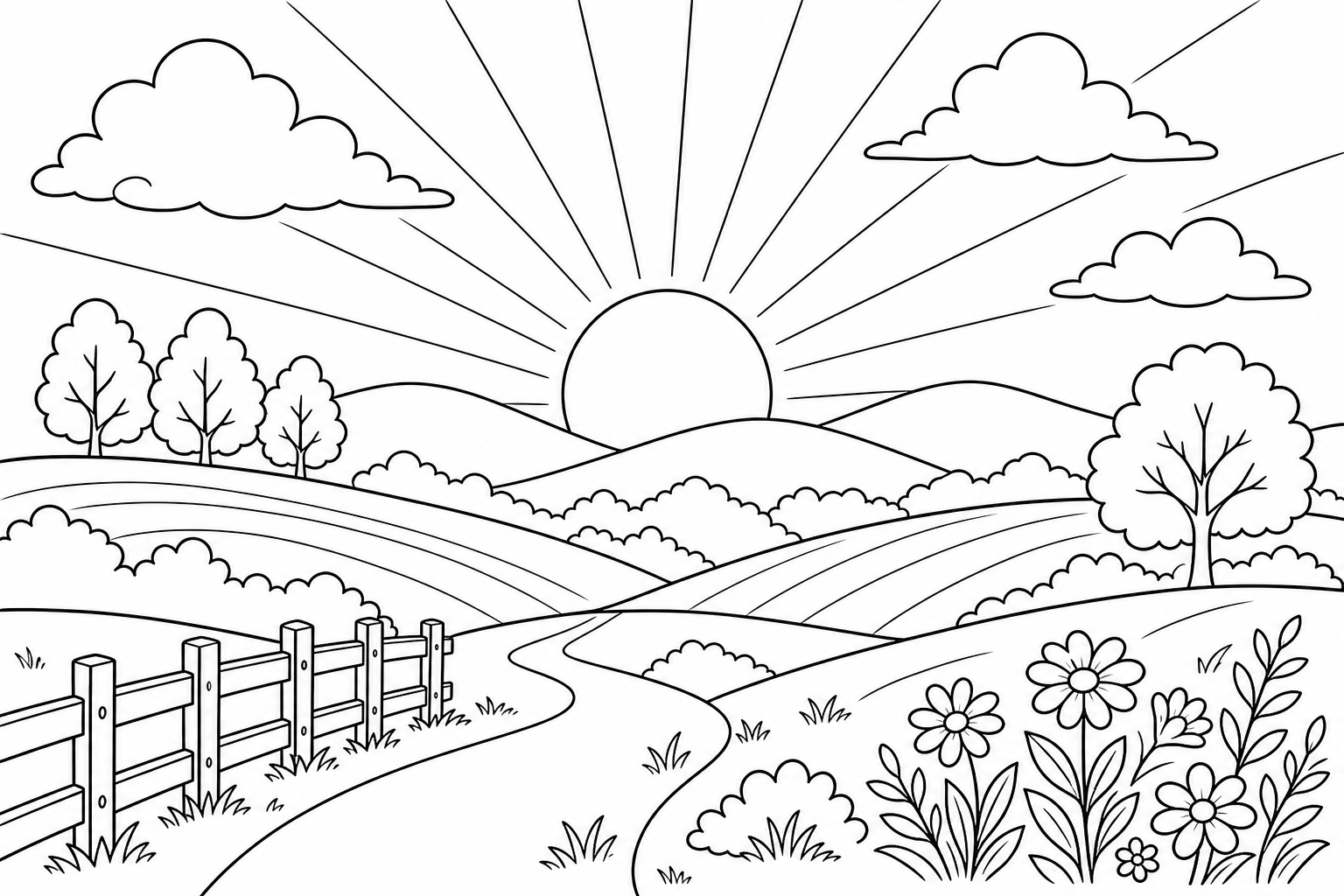Gentle rolling hills with a calm rising sun and a few clouds
