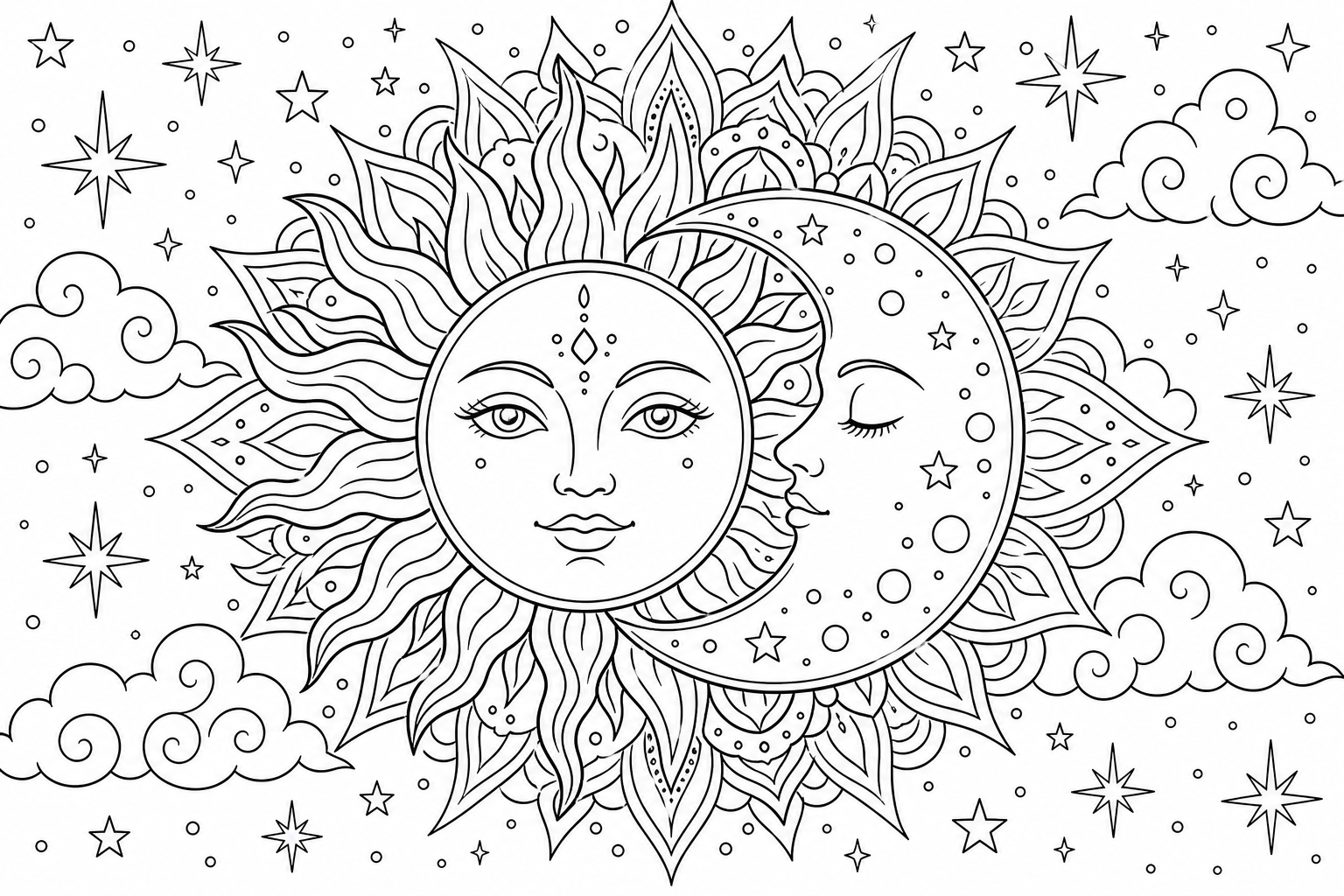 A sun and moon mandala with rays and stars