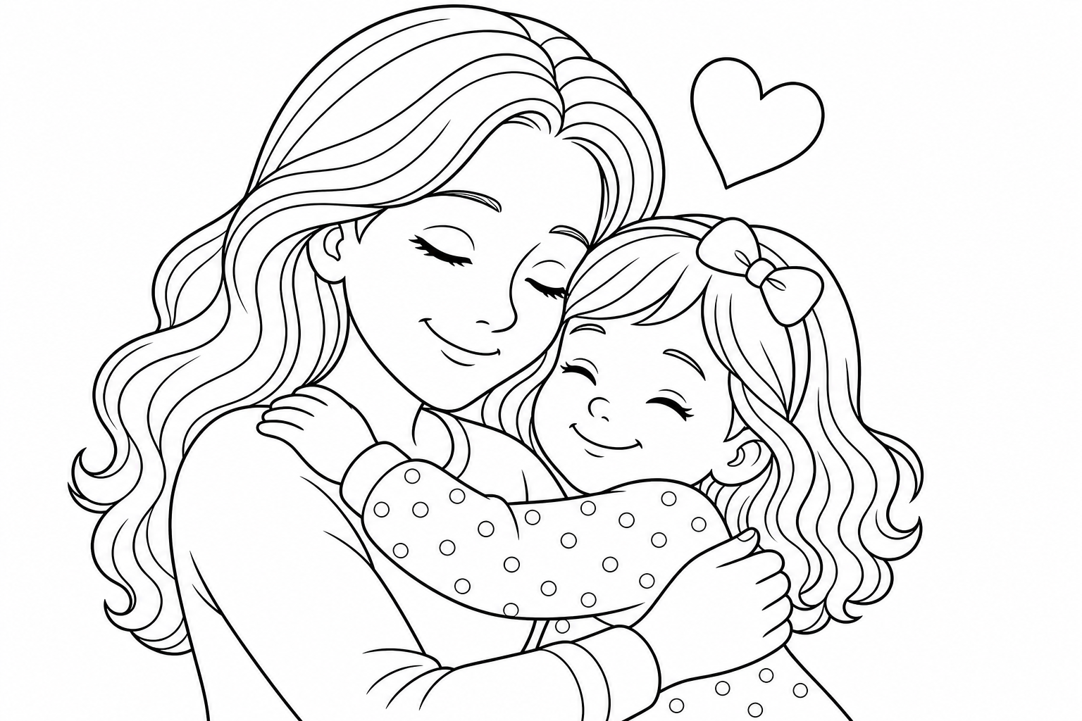 A mom and child hugging with a heart above them