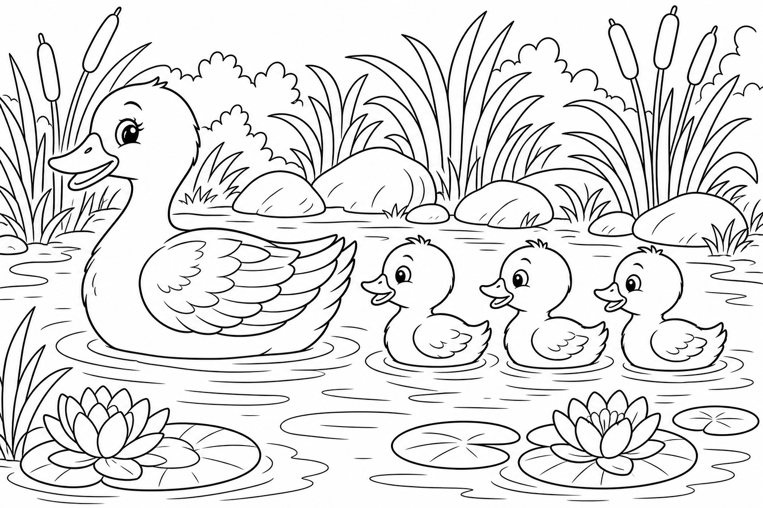 A mother duck with three ducklings in a row