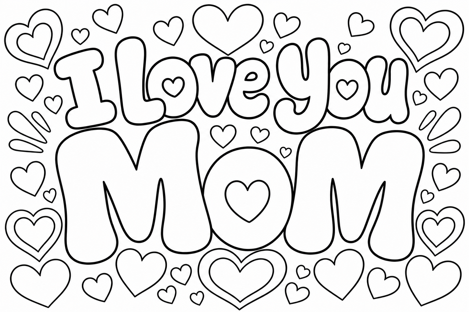 The words I love you Mom in big bubble letters with hearts