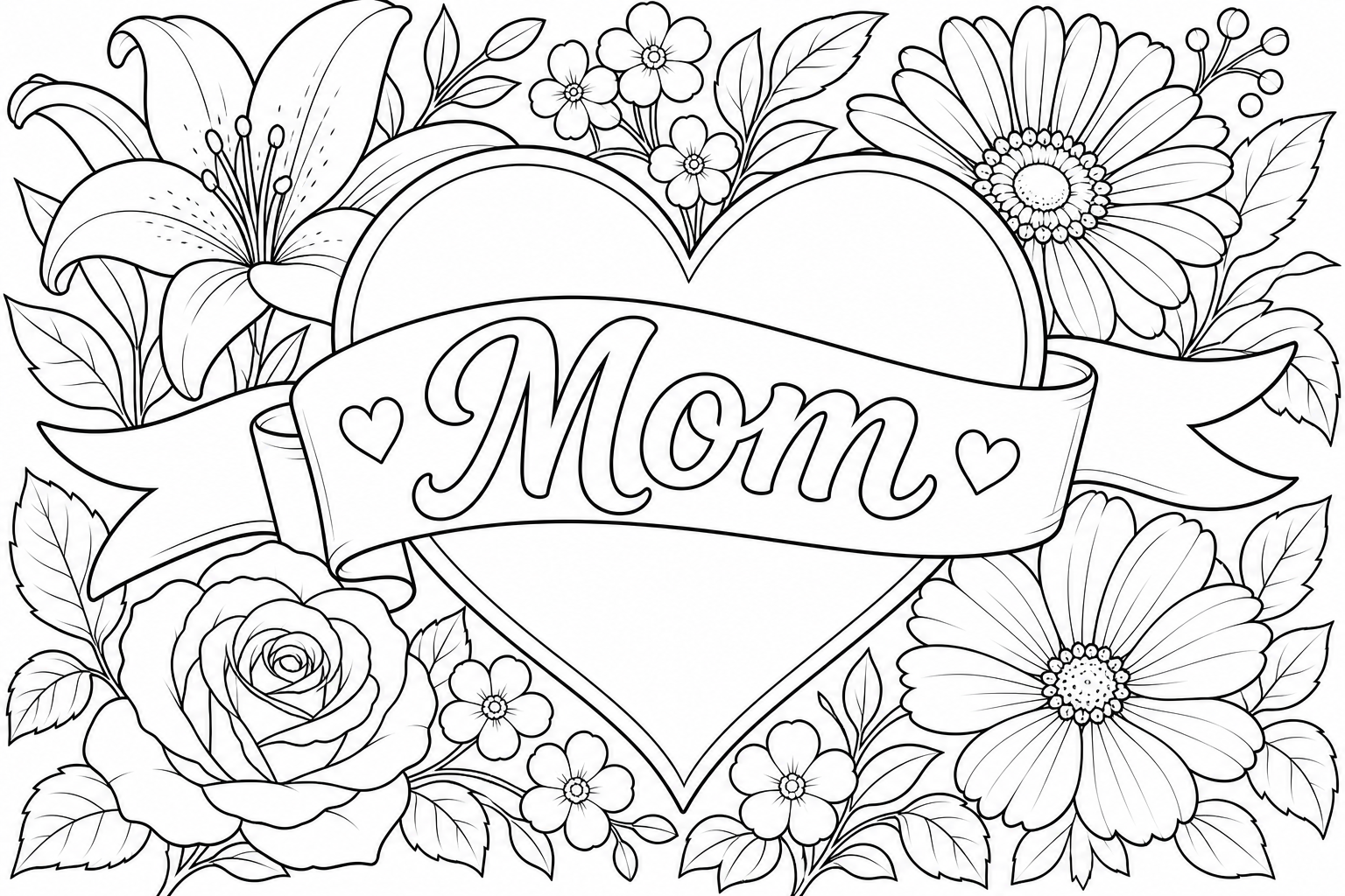 A heart banner that says Mom surrounded by flowers