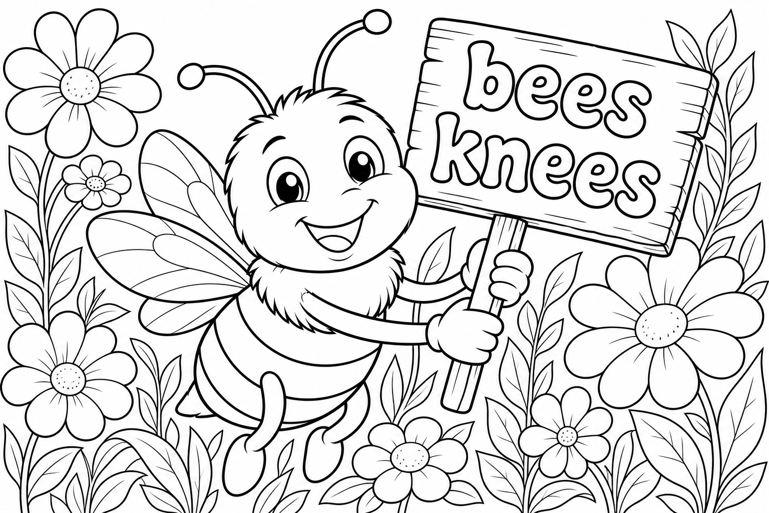 A smiling bee with a sign that says bees knees