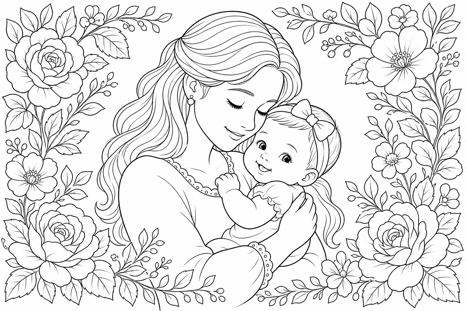 A mother holding a baby with a floral border