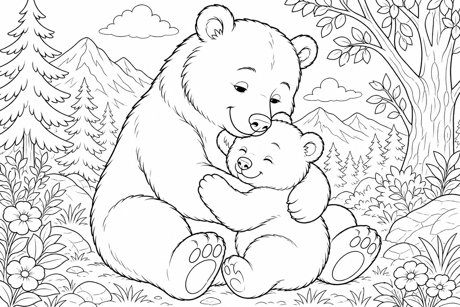 A mother bear hugging a baby bear