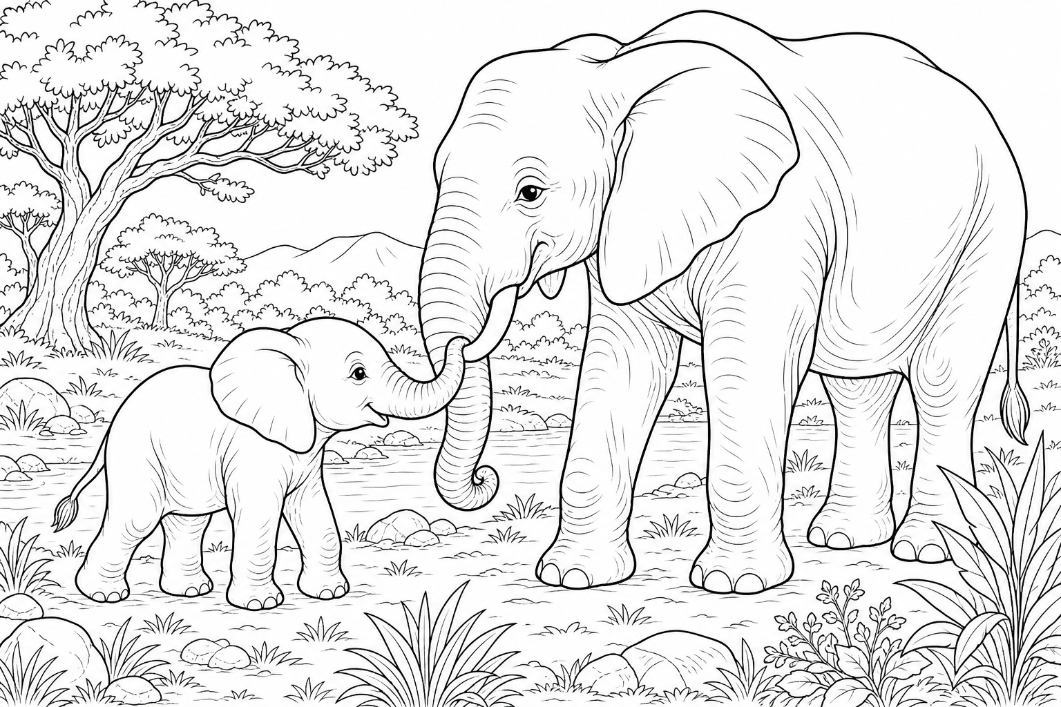 A mother elephant and baby elephant touching trunks