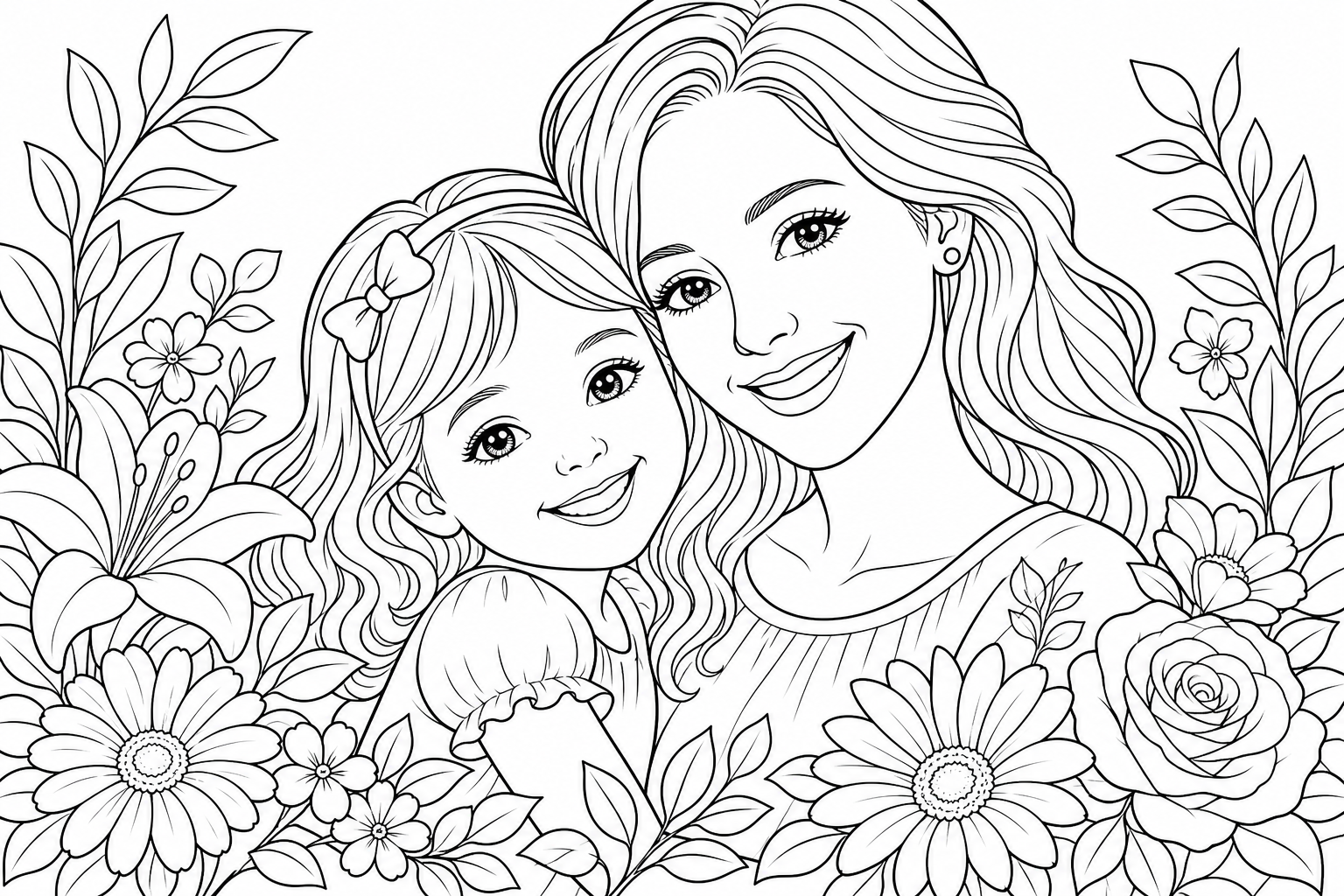 A smiling mother and child portrait with flowers