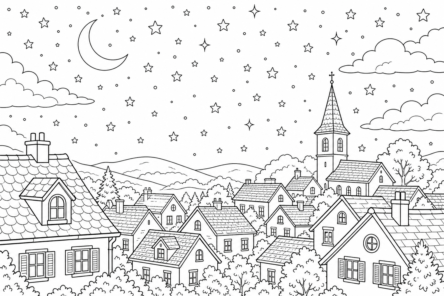 a starry sky over a sleeping village with rooftops