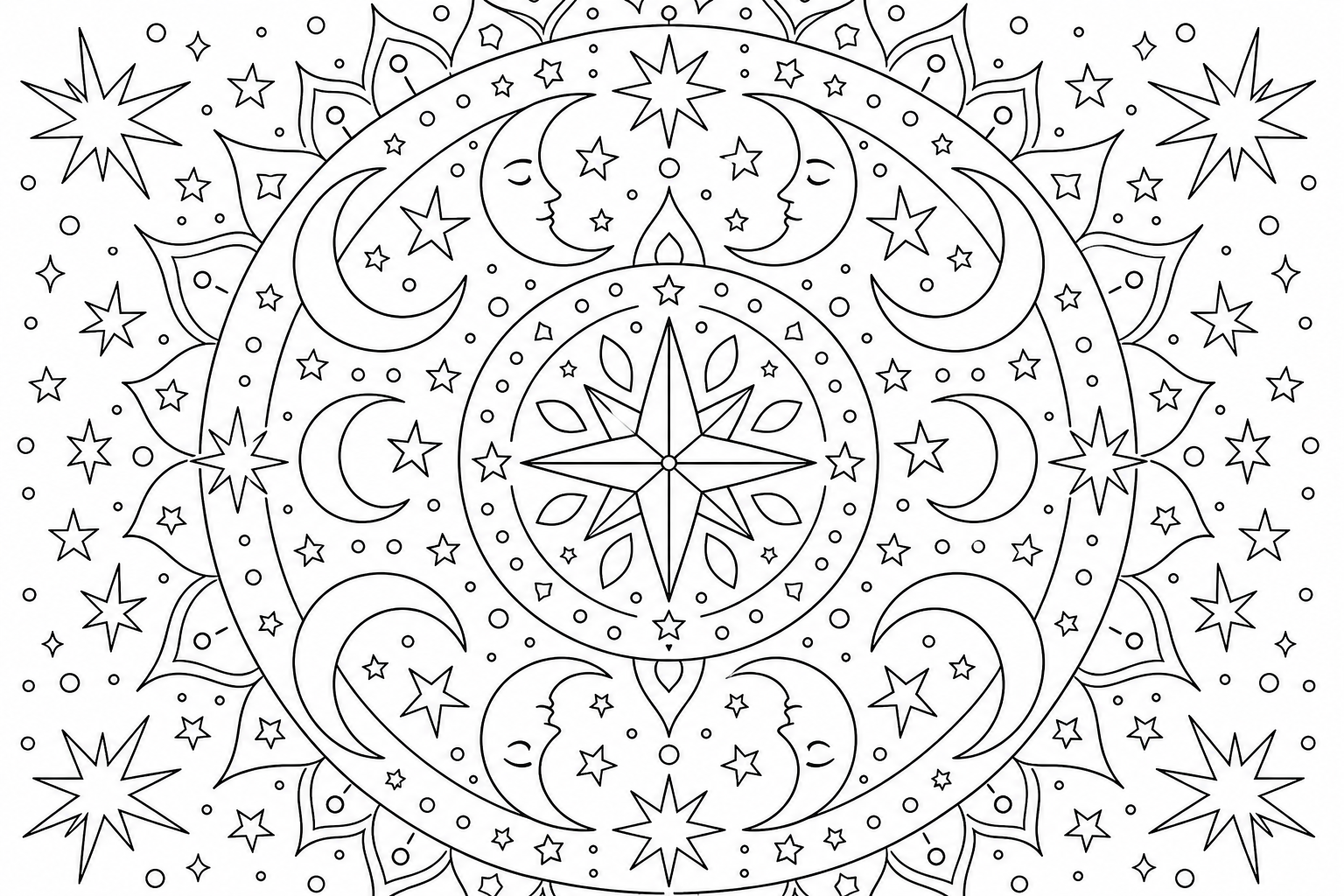 a circular mandala of stars and crescent moons