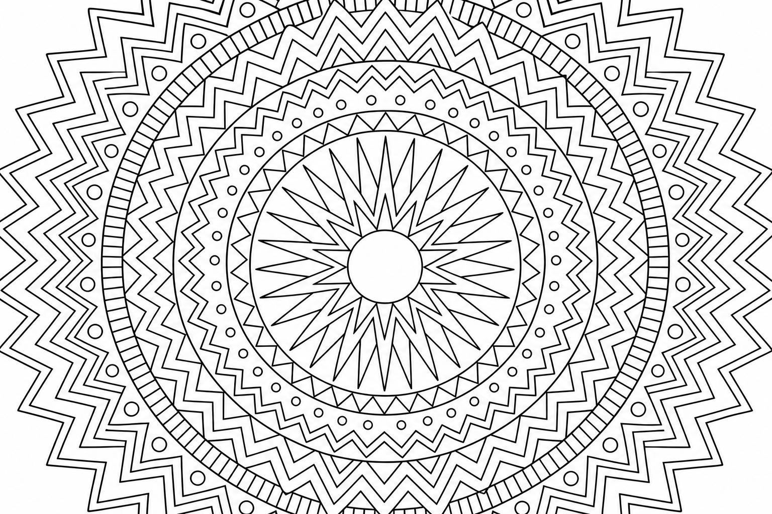 Bold Geometric Mandala Coloring Page with Sunburst Center