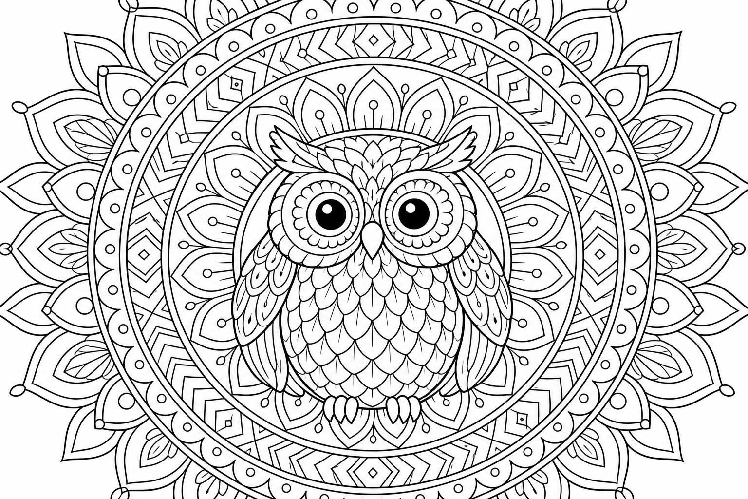 Owl Mandala Coloring Page with Radiating Patterns