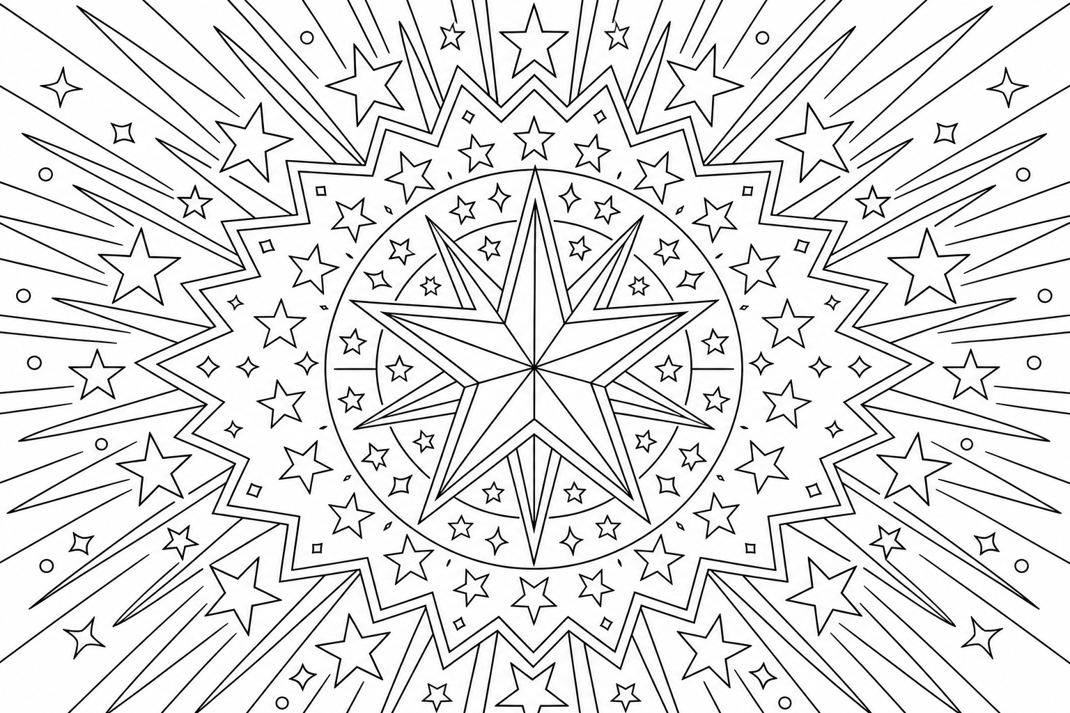 Star Mandala Coloring Page with Sharp Lines and Rays