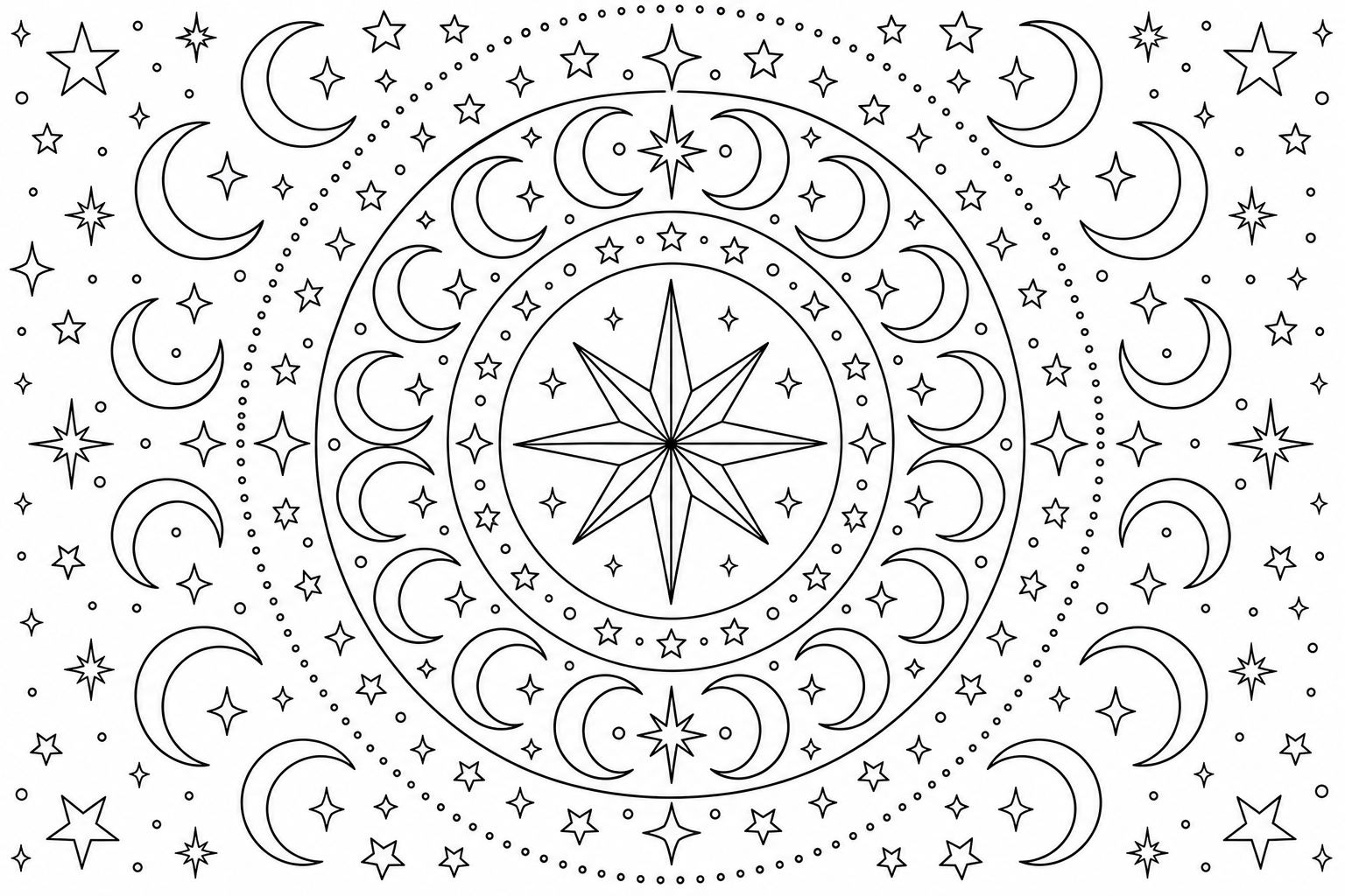 Celestial Mandala Coloring Page with Moons & Stars
