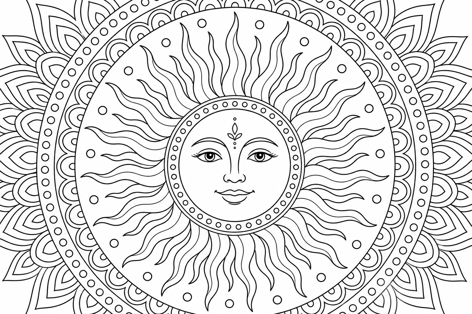 Sun Mandala Coloring Page with Gentle Face & Wavy Rays