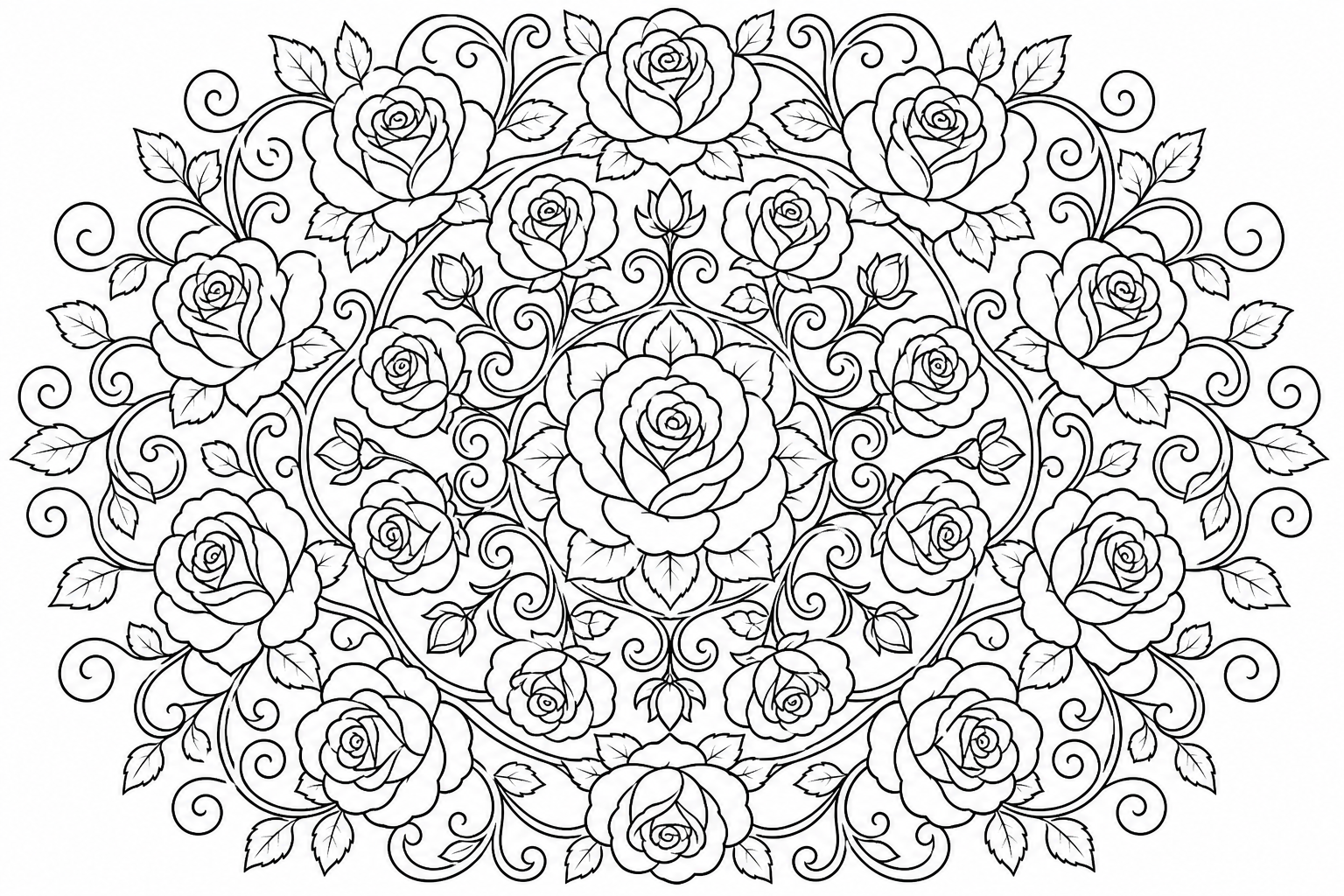 Flower Mandala Coloring Page with Rose Blossoms