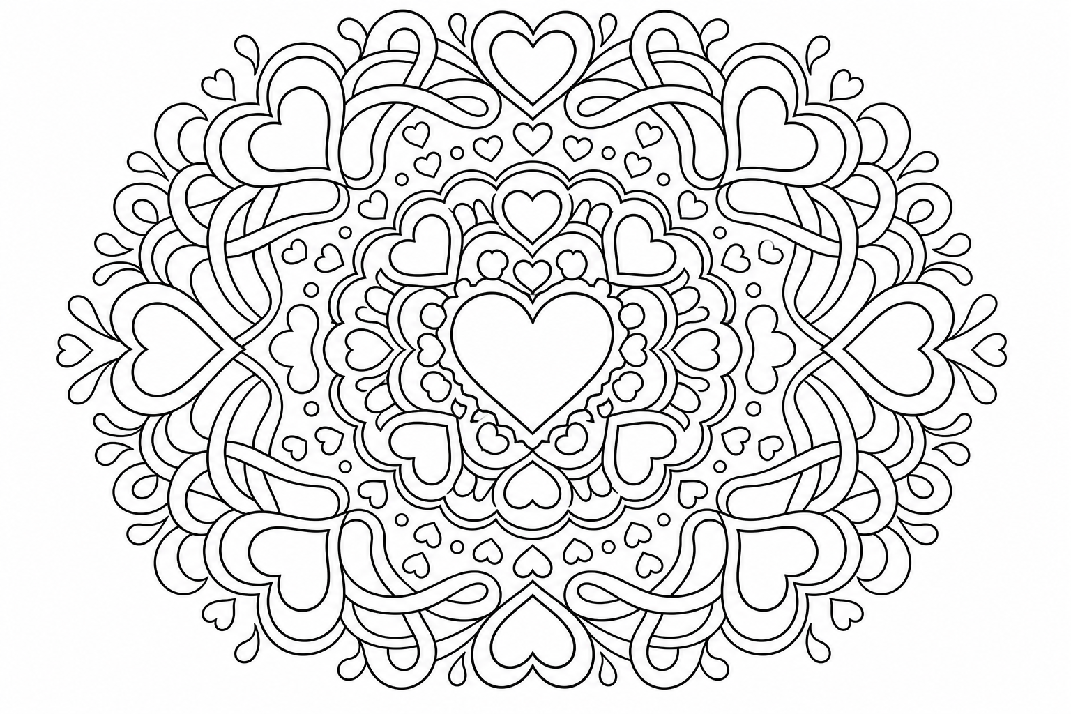 Heart Mandala Coloring Page with Ribbons & Radial Patterns