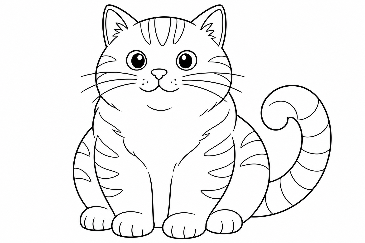 A plump cat sitting upright with a bold simple outline and a curled tail