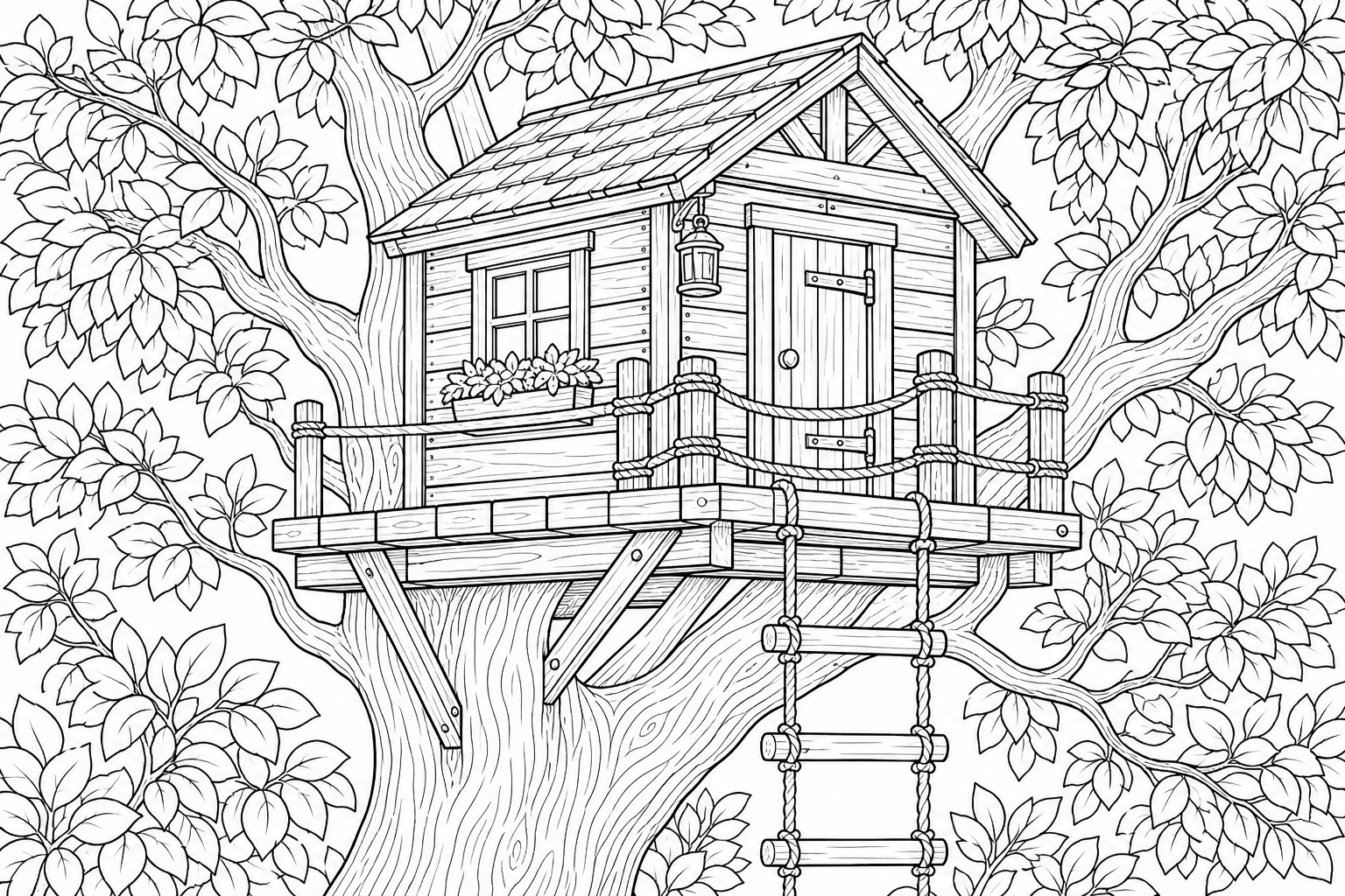 A treehouse with wooden planks, a rope ladder, and leafy branches all around