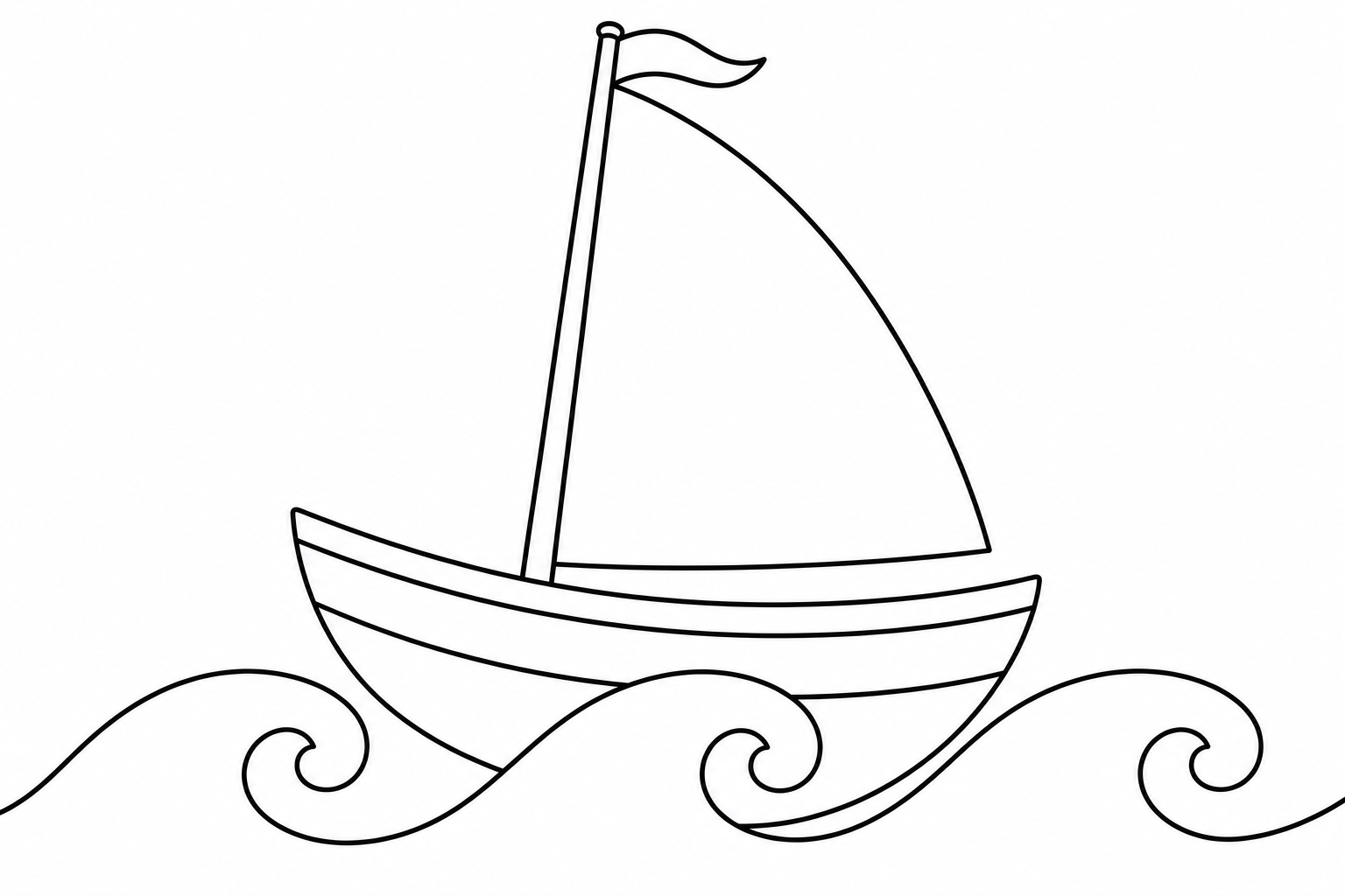 A simple sailboat with one big sail gliding over three rounded waves