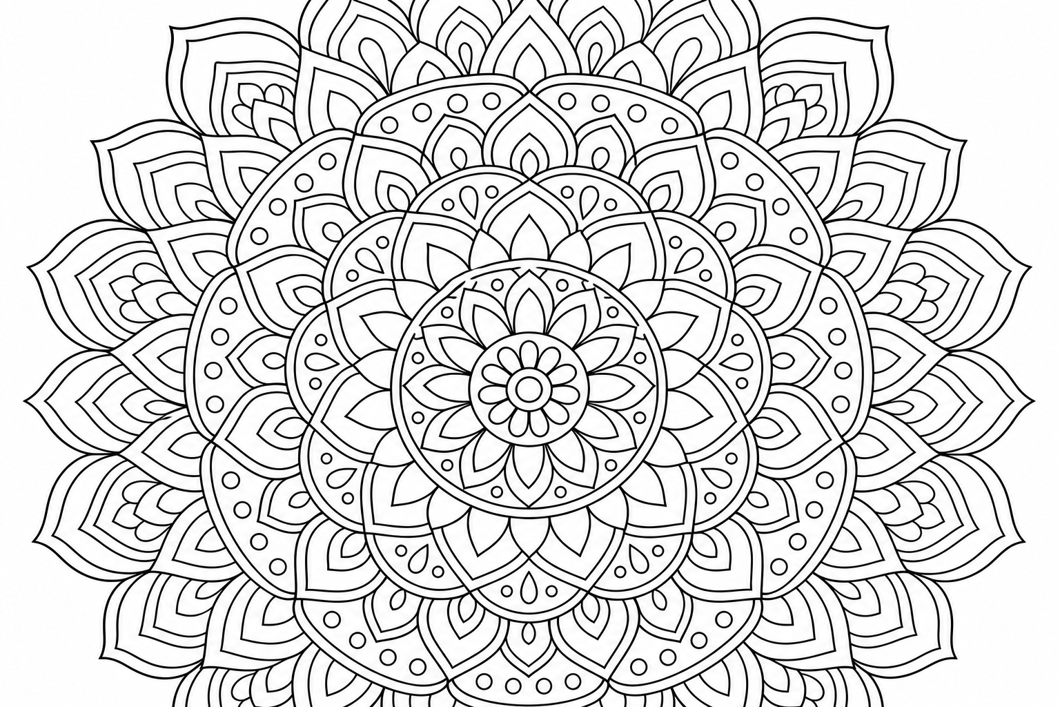 A symmetrical mandala with concentric rings of petals and small repeating shapes