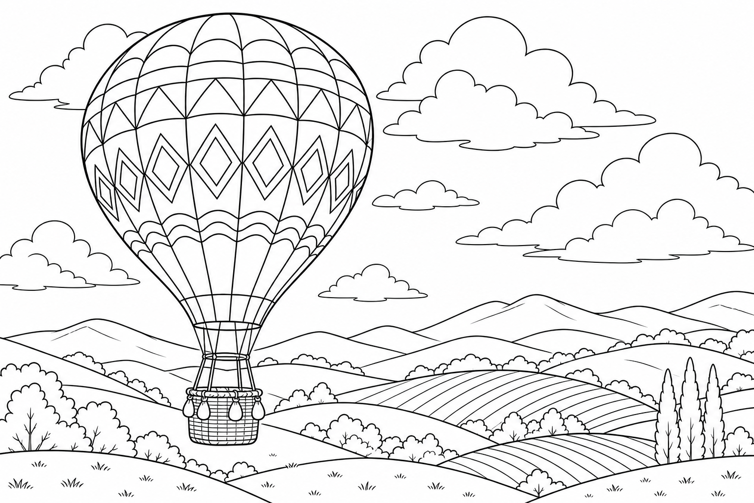A hot air balloon with patterned panels drifting over rolling hills
