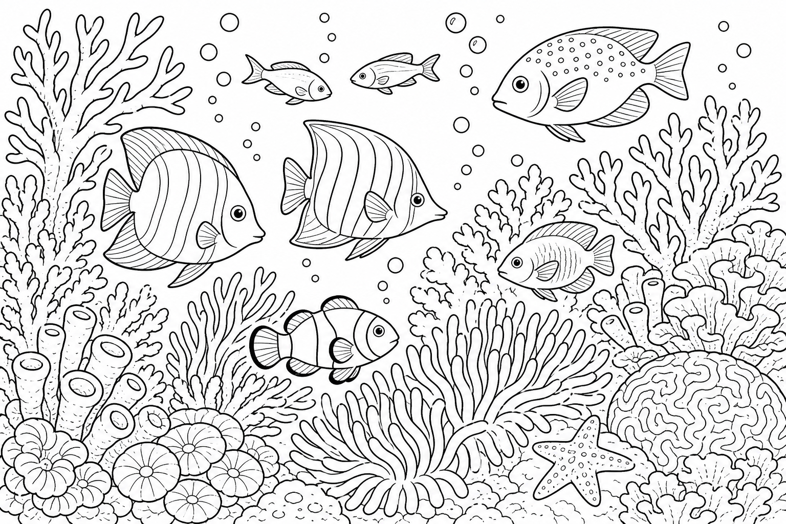 An underwater reef scene with several fish, branching coral, and rising bubbles