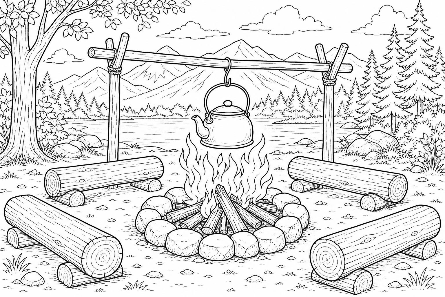 A campfire in a circle of stones with log benches around it and a kettle hanging over the flames