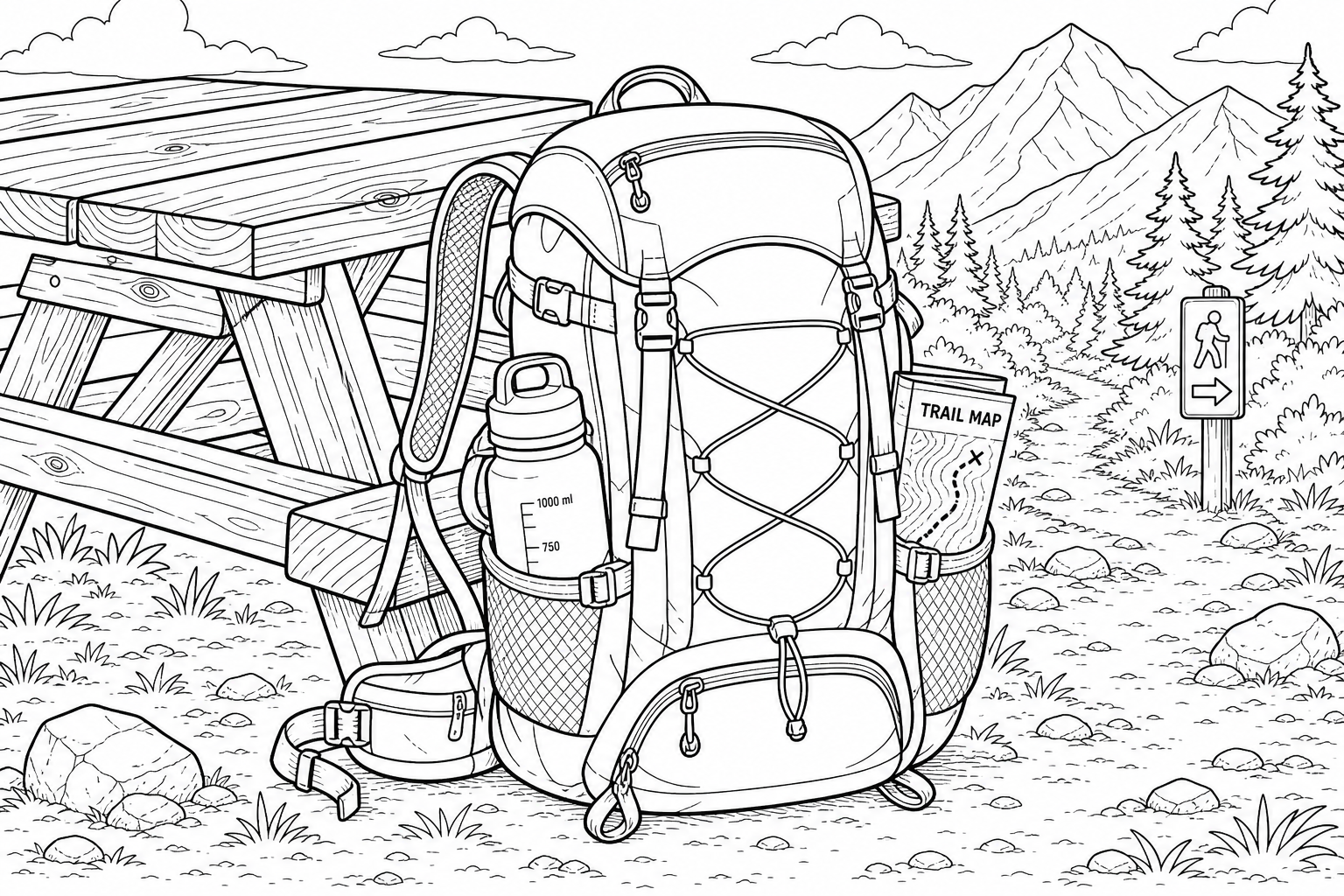 A hiking backpack leaning against a picnic table with a water bottle and trail map in the side pockets