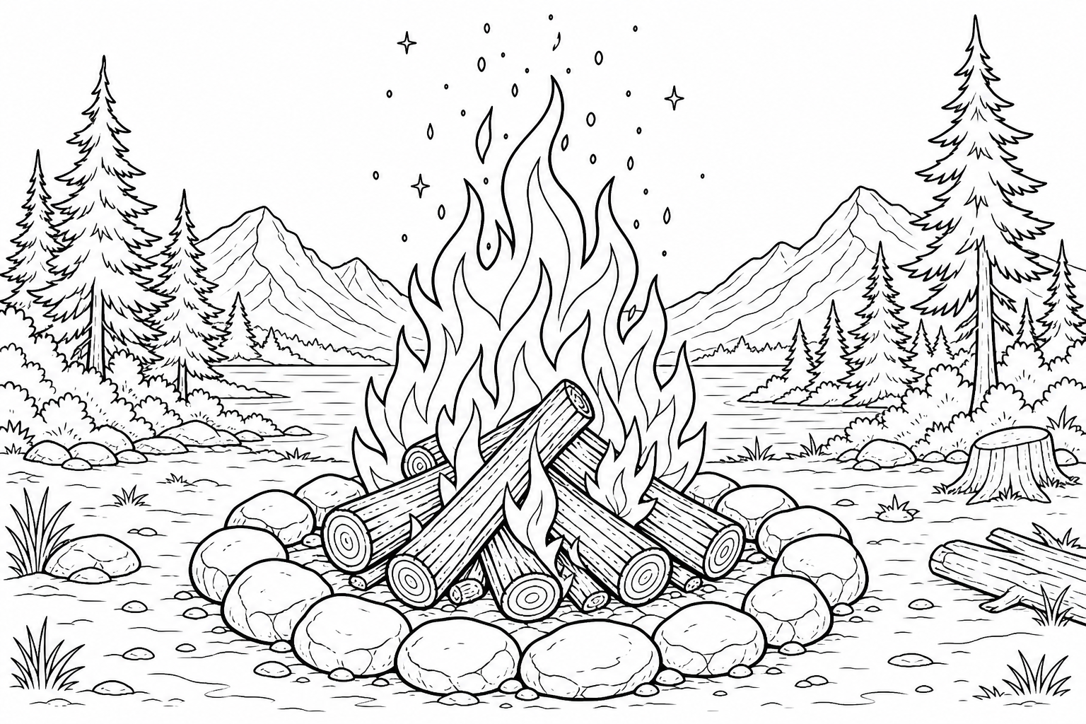 A crackling campfire with stacked logs in a stone ring, tall flames and rising sparks