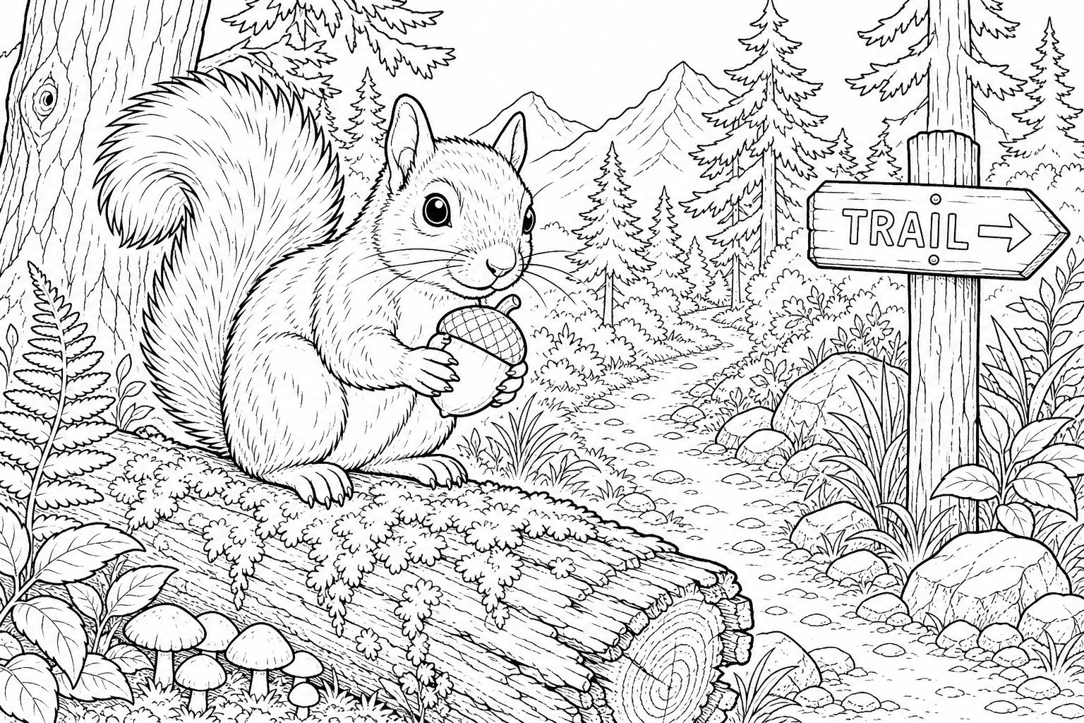 A squirrel holding an acorn on a mossy log beside a hiking trail